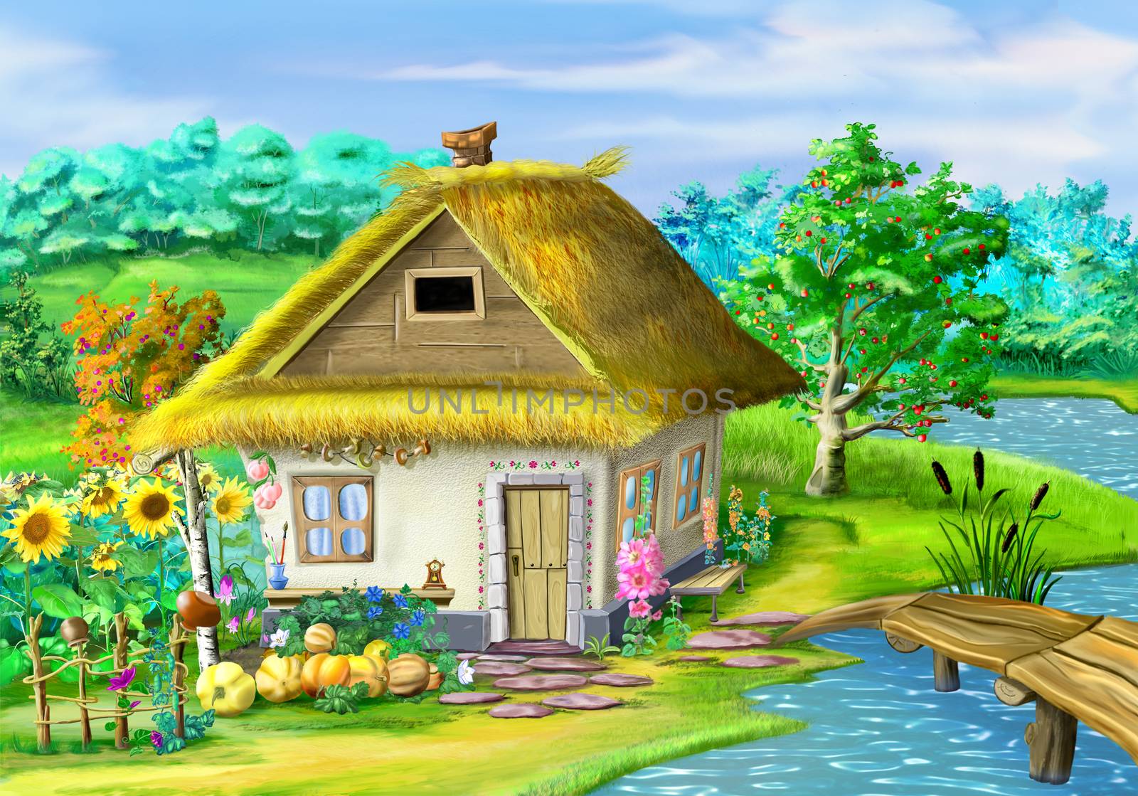 Traditional Ukrainian building in the old village in the depths of eastern Europe. Digital Painting Background, Illustration in cartoon style character.