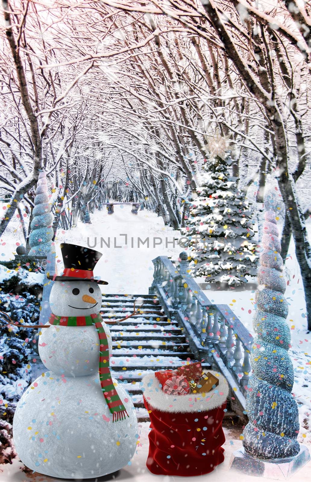 Christmas: winter Park Snowman with gifts, trees covered with snow..