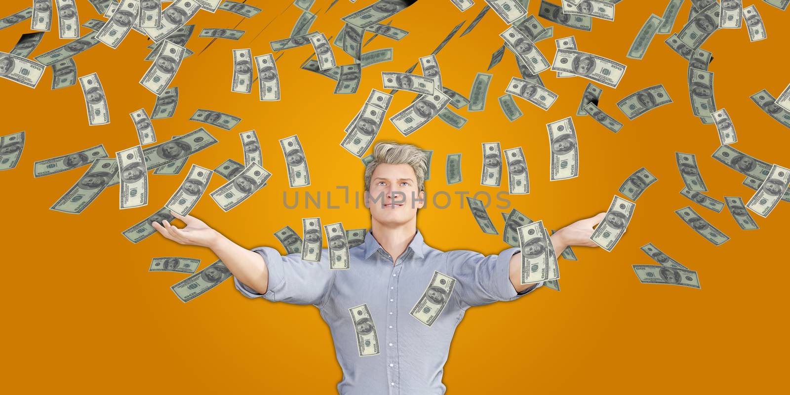 Man Catching Money Falling From the Sky in US Dollars