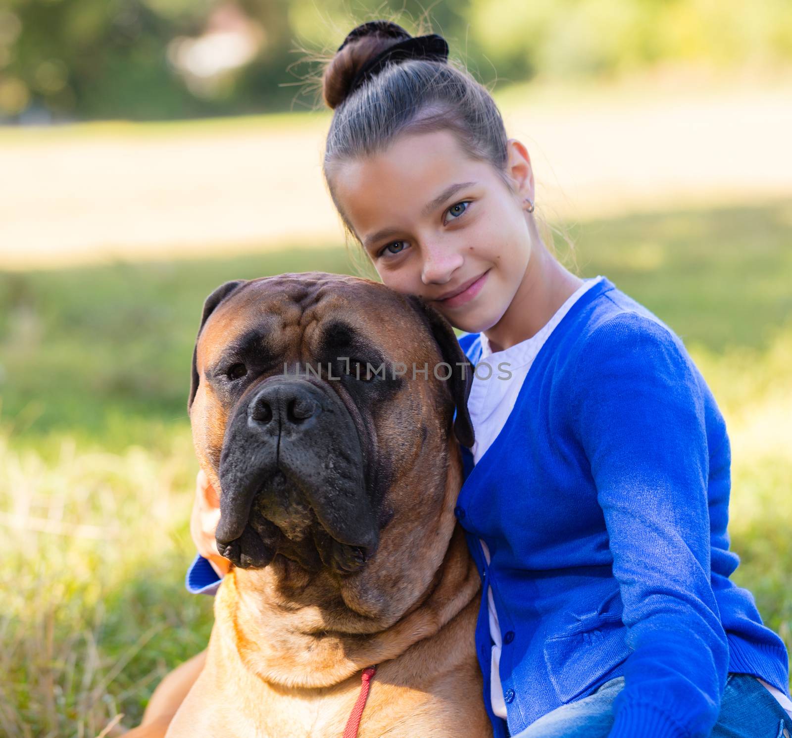 teen girl with the dog Bullmastiff outdoors