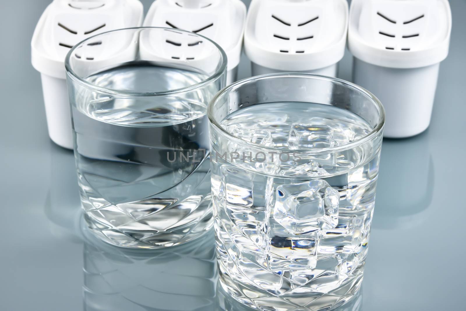 Glass of clean drinking water and water filters