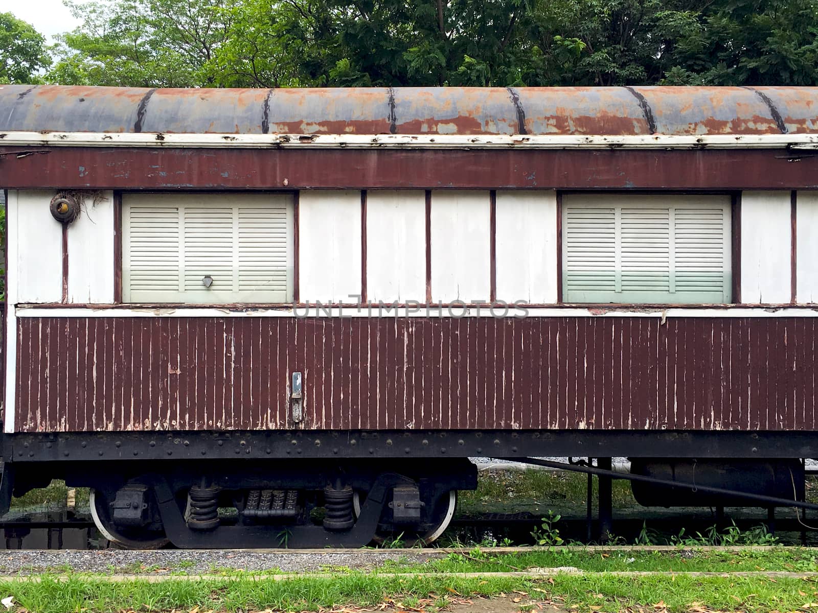 Vintage wooden train railway transportation elevation in thailand