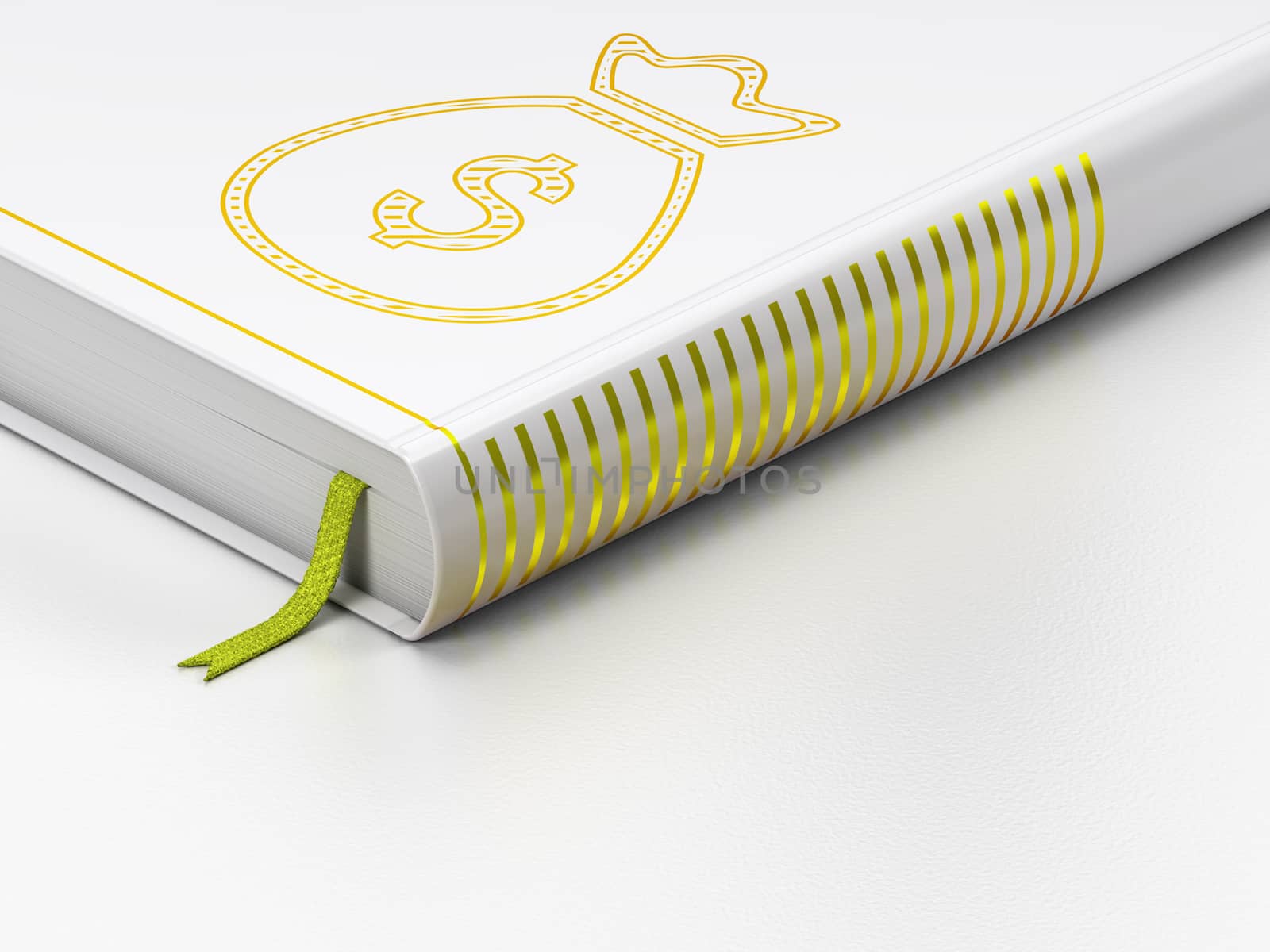 Banking concept: closed book with Gold Money Bag icon on floor, white background, 3d render