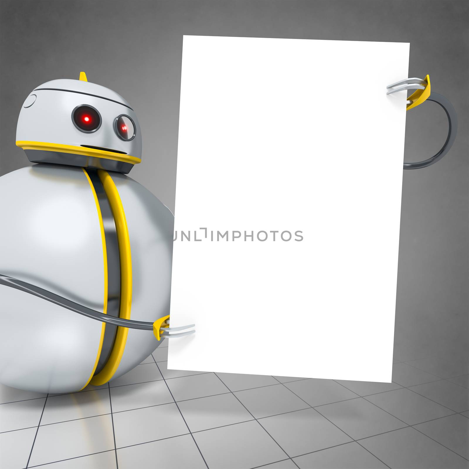 3d rendering of a sweet little robot holding a white board for your content