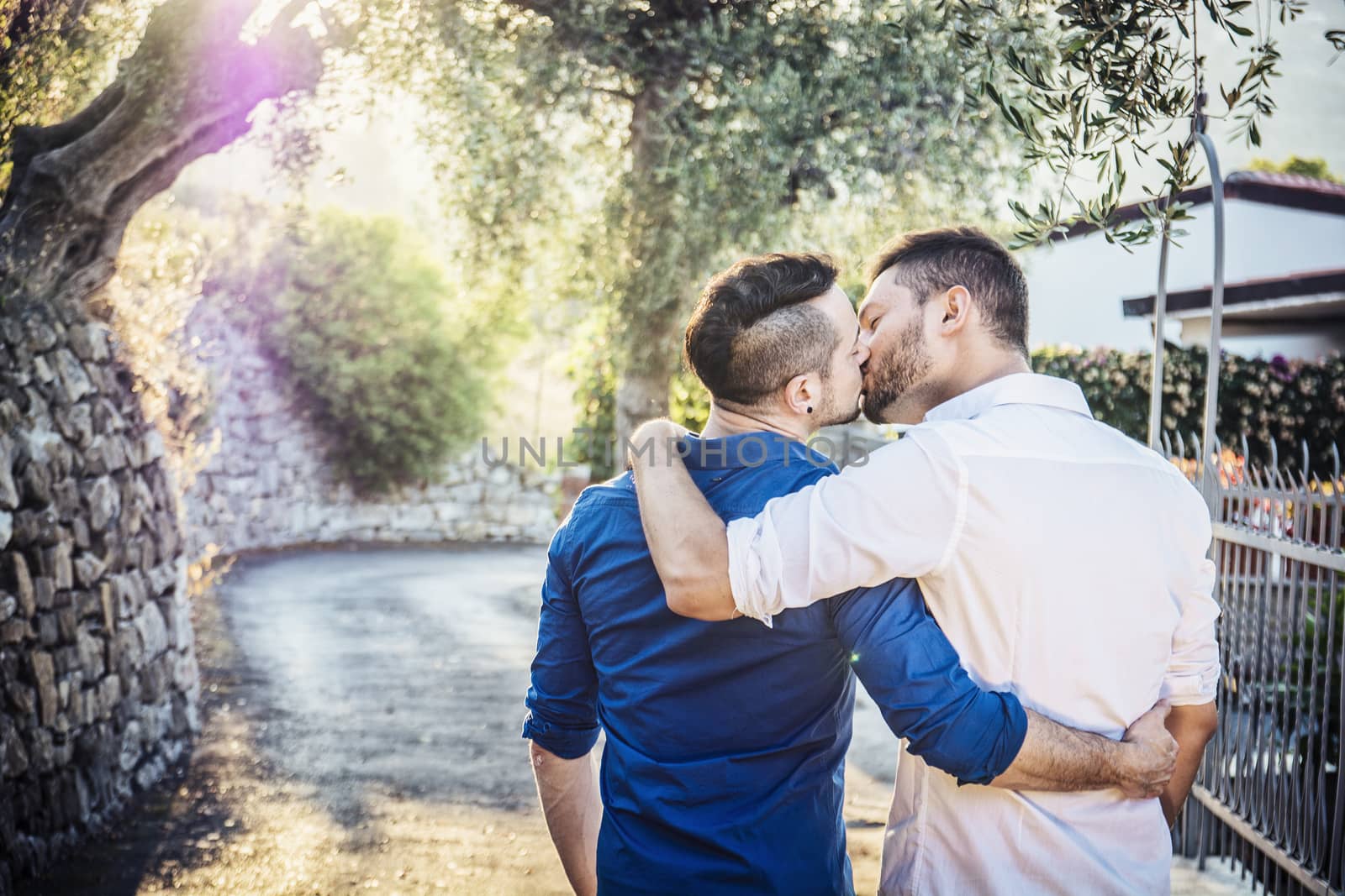 Gay couple walking in park and kissing by artofphoto