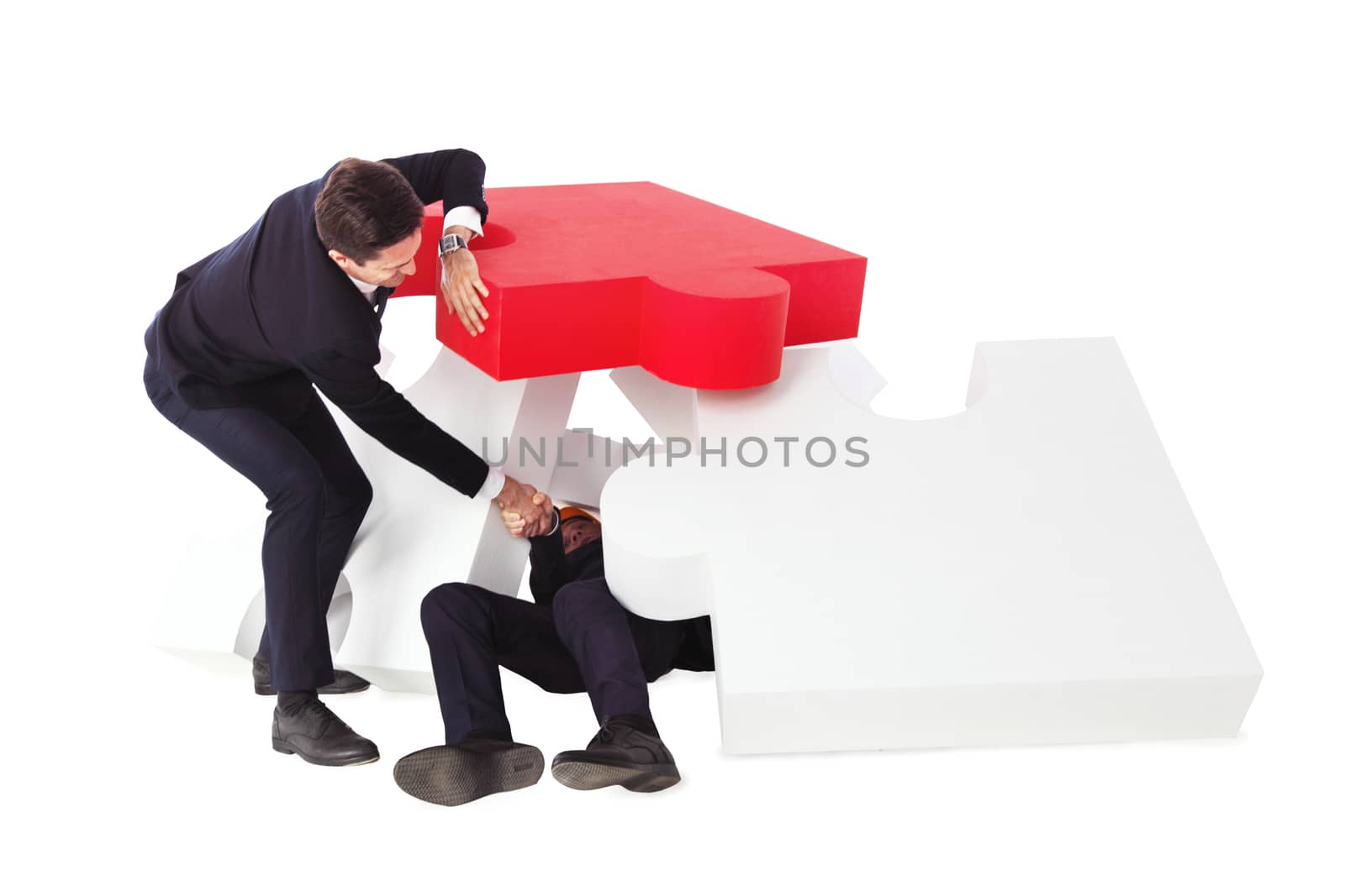 One businessman saving another from heap of problems concept, isolated on white background