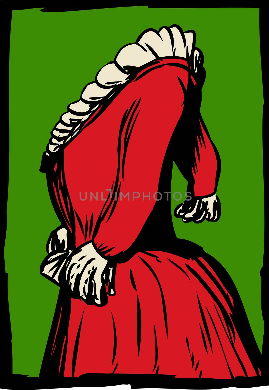 Side view of red 18th century dress with pleated collar