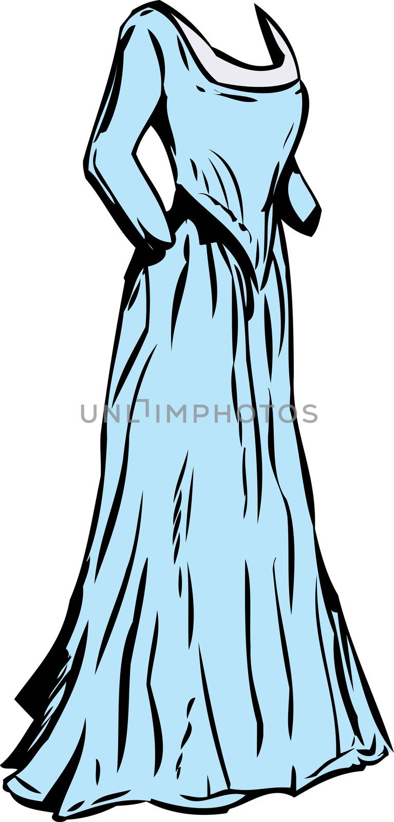 Empty full length blue 18th century dress on isolated background