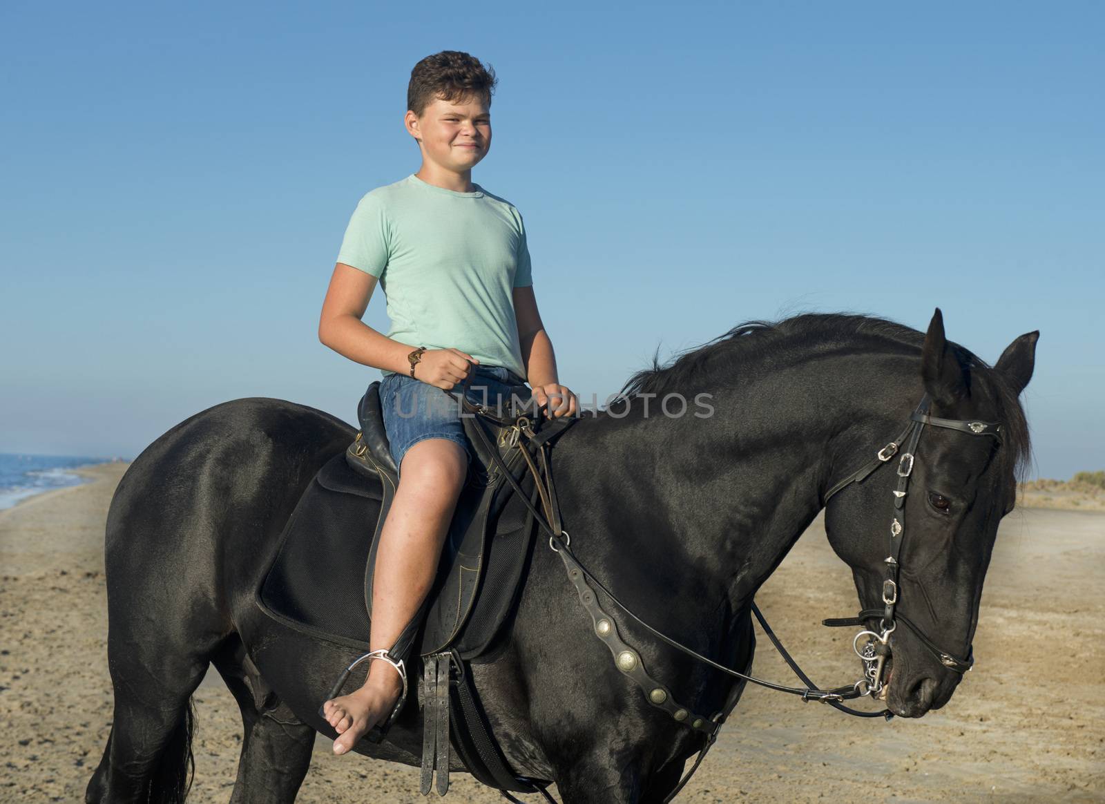 young boy and black stallion on the beach