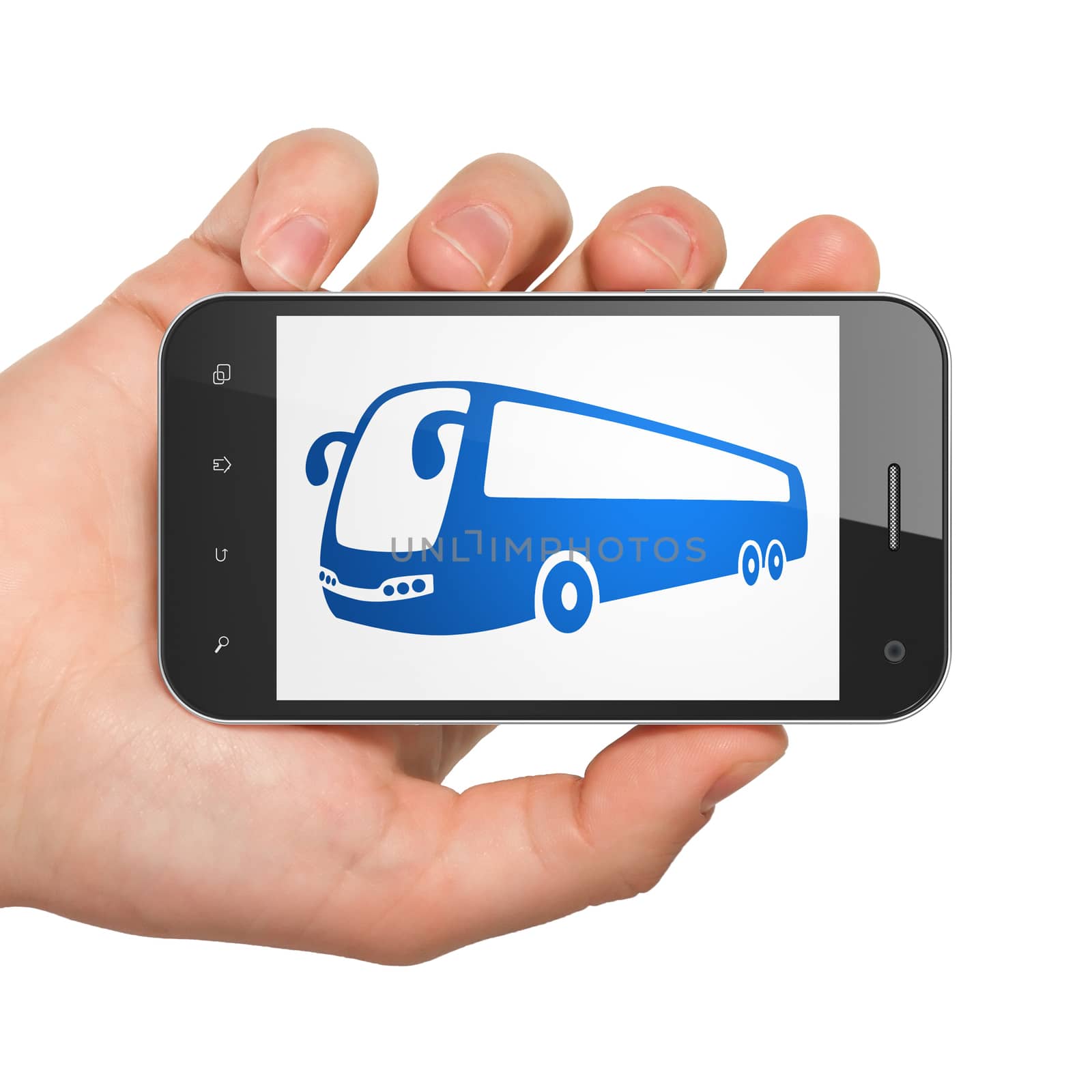 Travel concept: Hand Holding Smartphone with Bus on display by maxkabakov