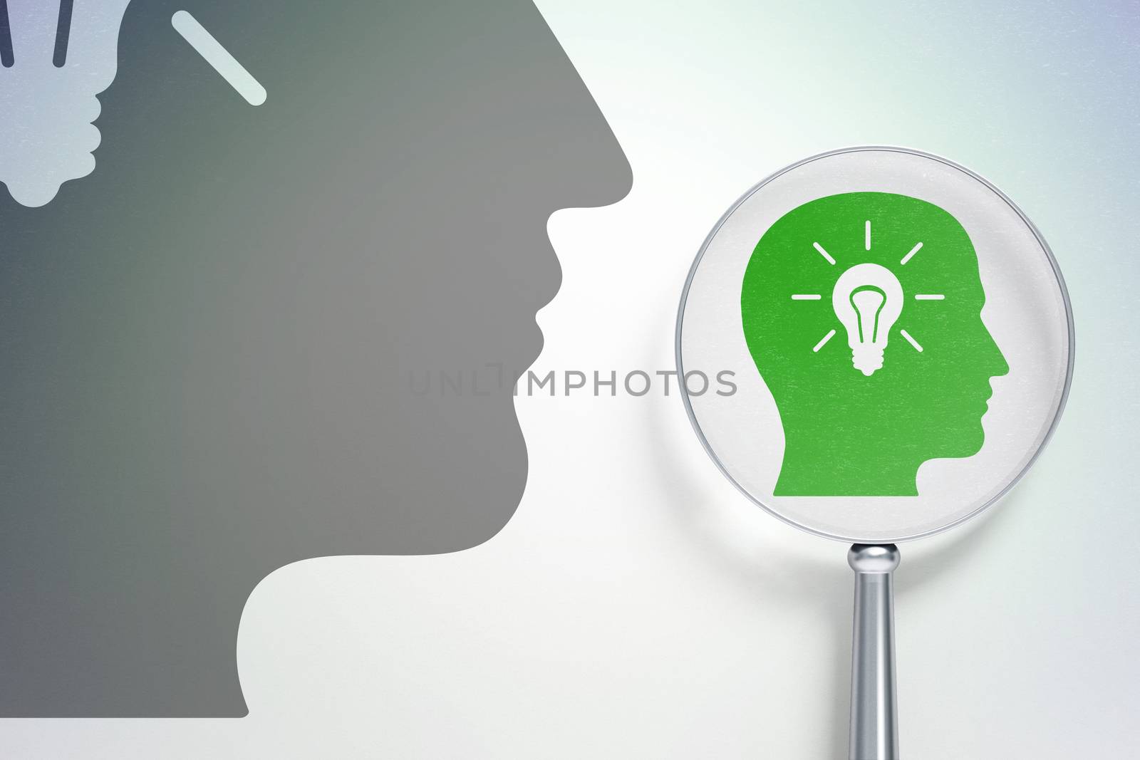 Marketing concept:  Head With Light Bulb with optical glass on digital background by maxkabakov