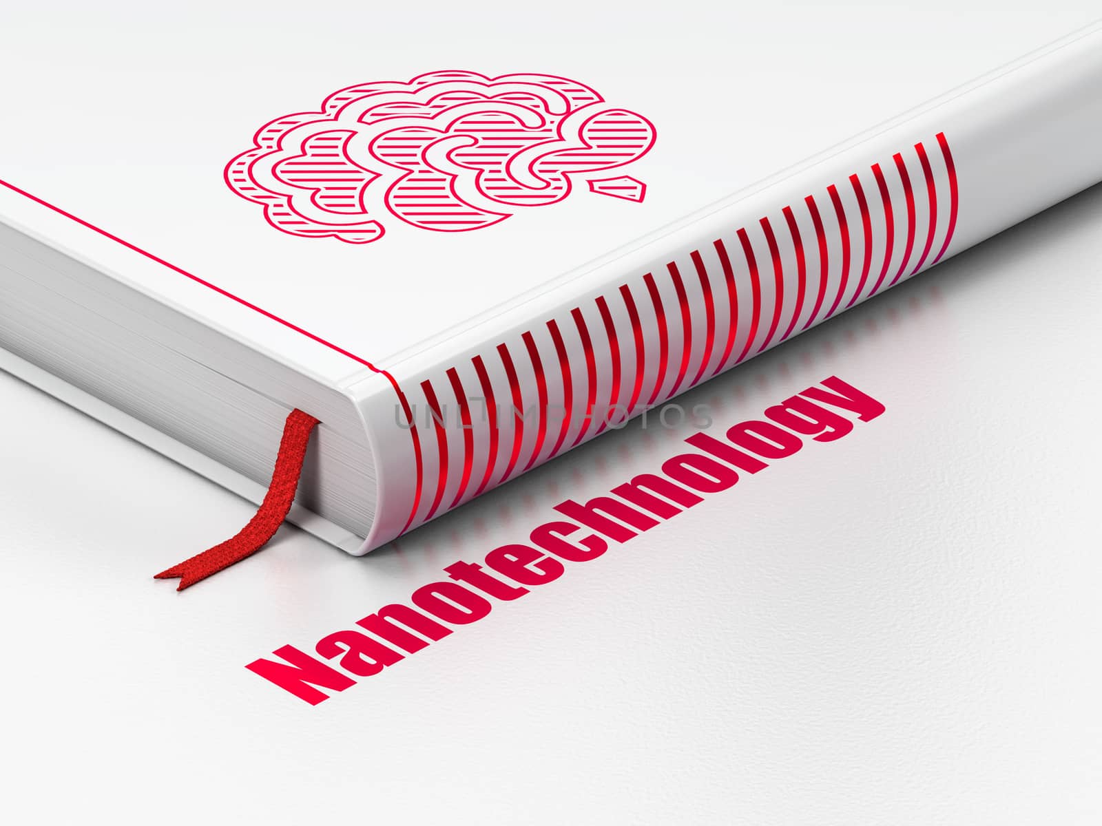 Science concept: closed book with Red Brain icon and text Nanotechnology on floor, white background, 3D rendering