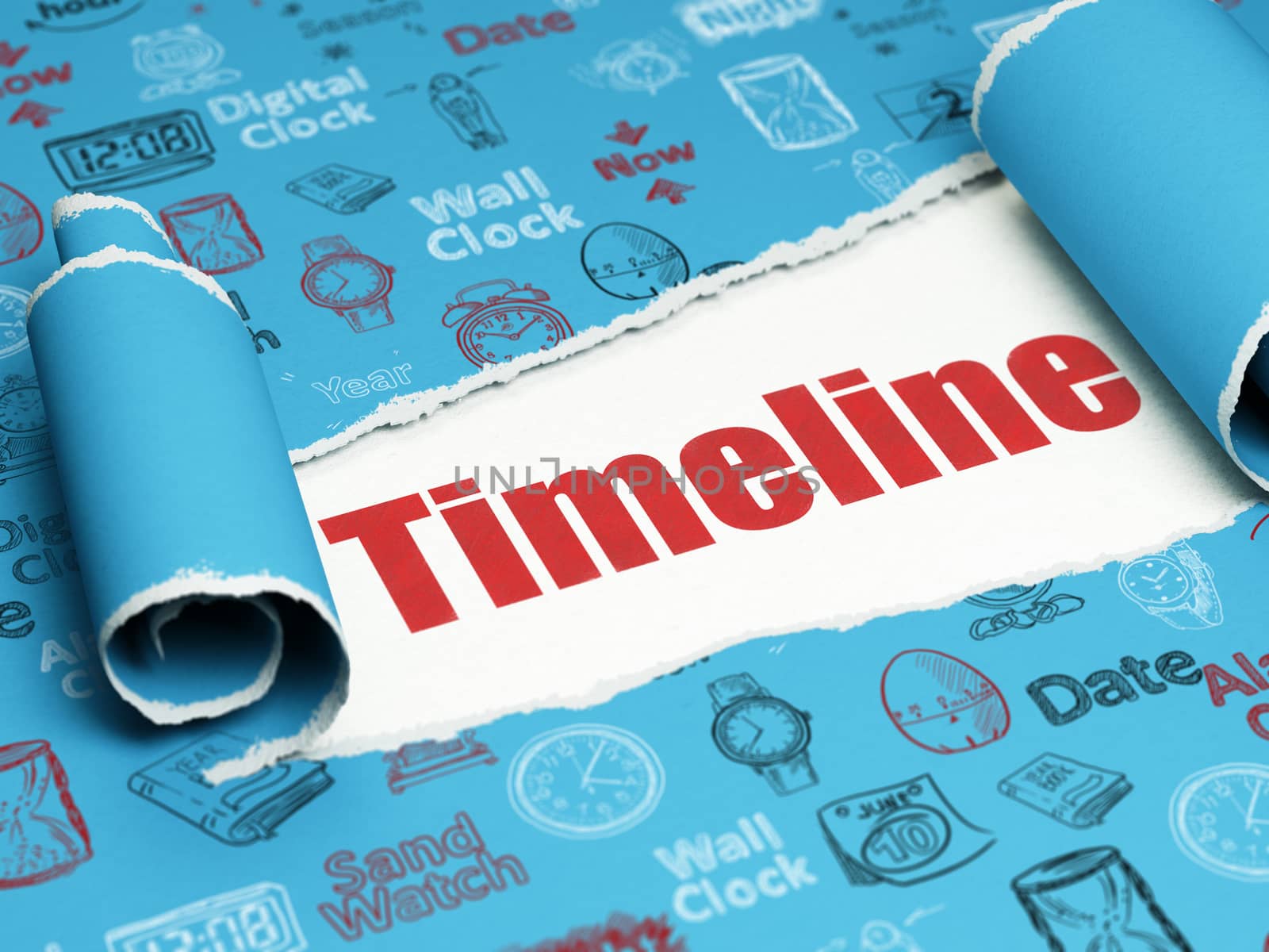Timeline concept: red text Timeline under the curled piece of Blue torn paper with  Hand Drawing Time Icons, 3D rendering