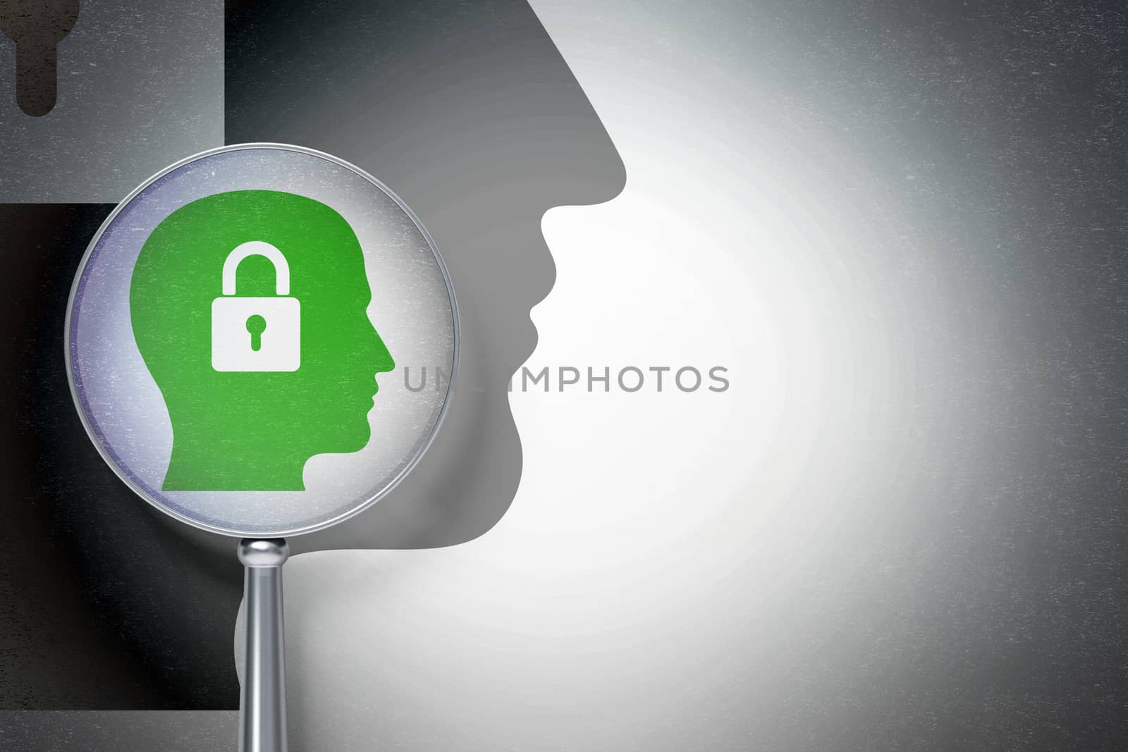 Business concept:  Head With Padlock with optical glass on digital background by maxkabakov