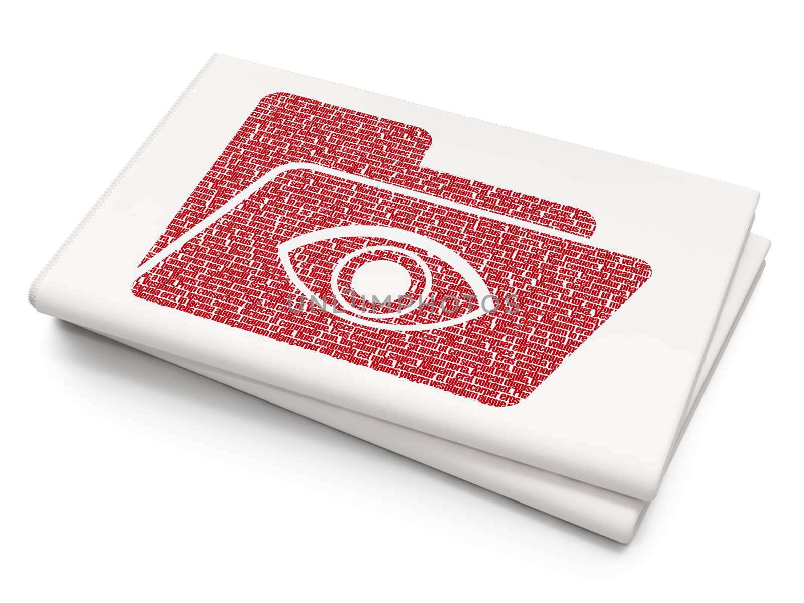 Business concept: Pixelated red Folder With Eye icon on Blank Newspaper background, 3D rendering