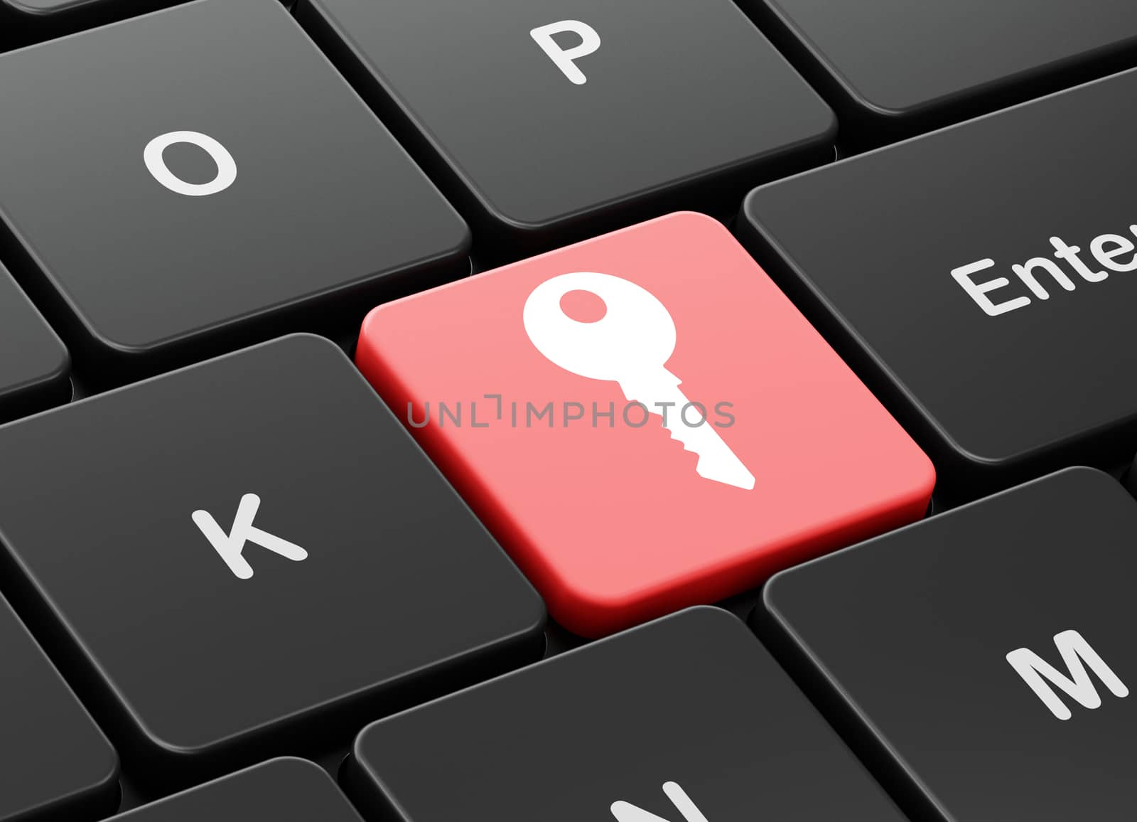 Safety concept: computer keyboard with Key icon on enter button background, 3D rendering