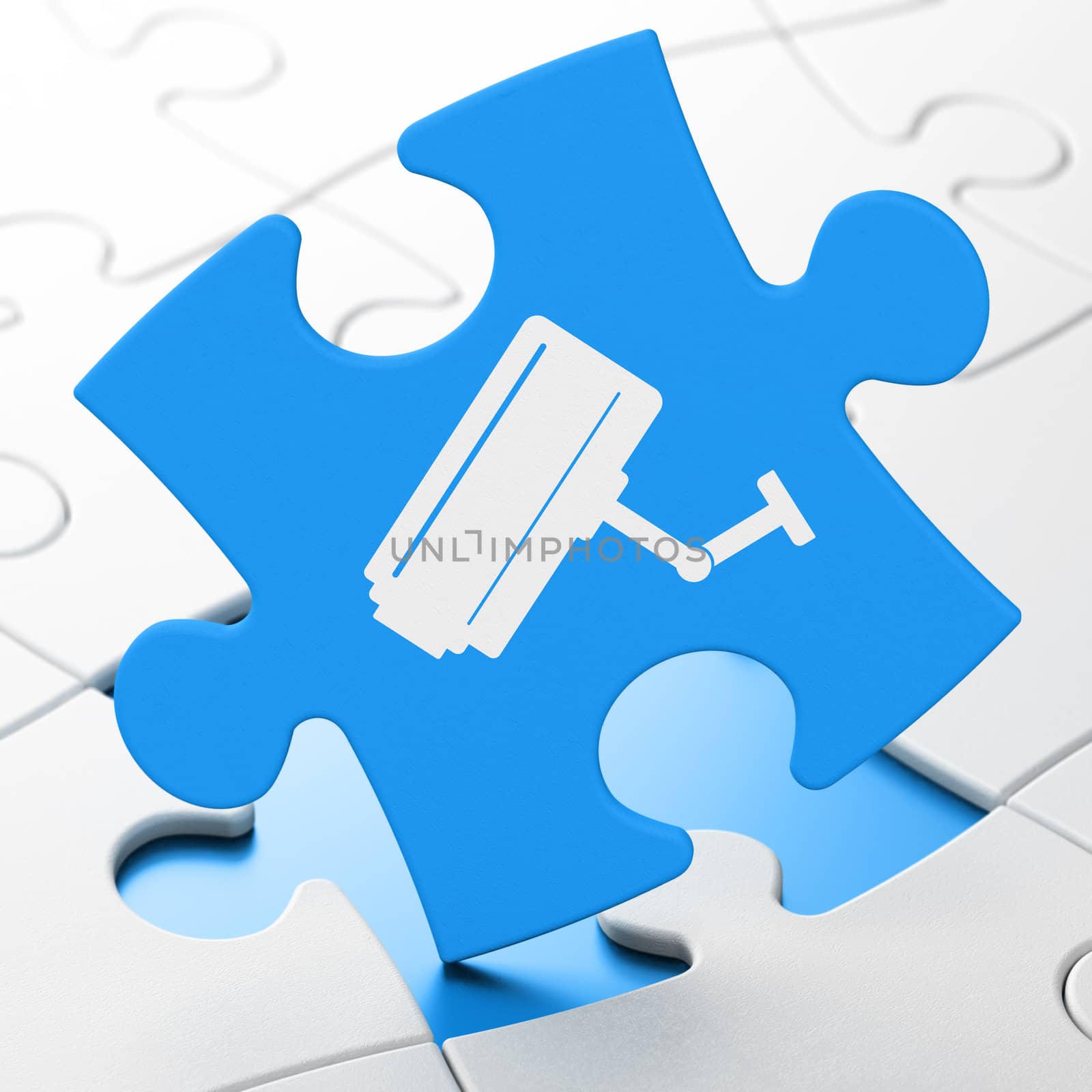 Security concept: Cctv Camera on Blue puzzle pieces background, 3D rendering