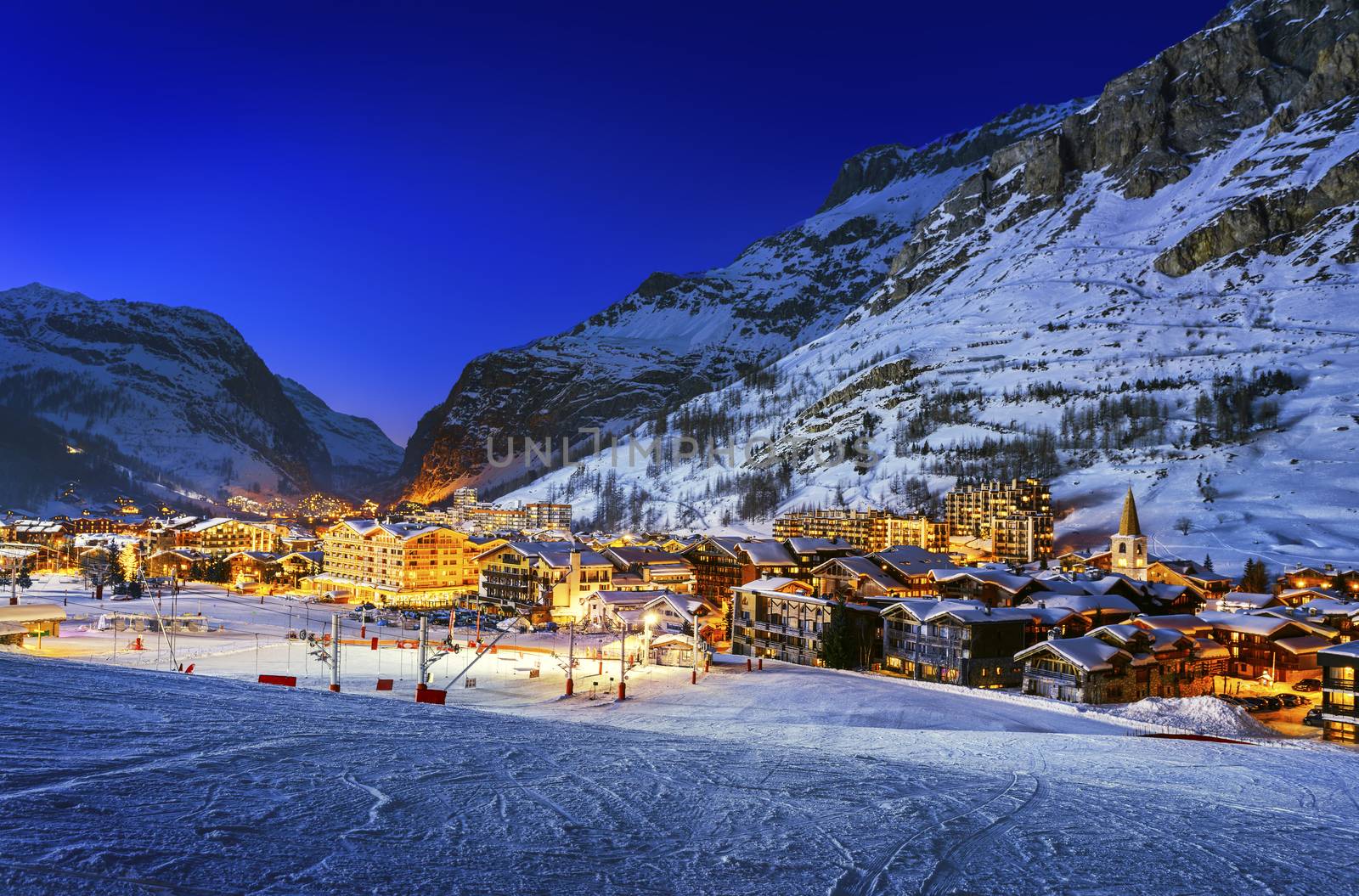 Famous and luxury place of Val d'Isere at sunset, Tarentaise, Alps, France