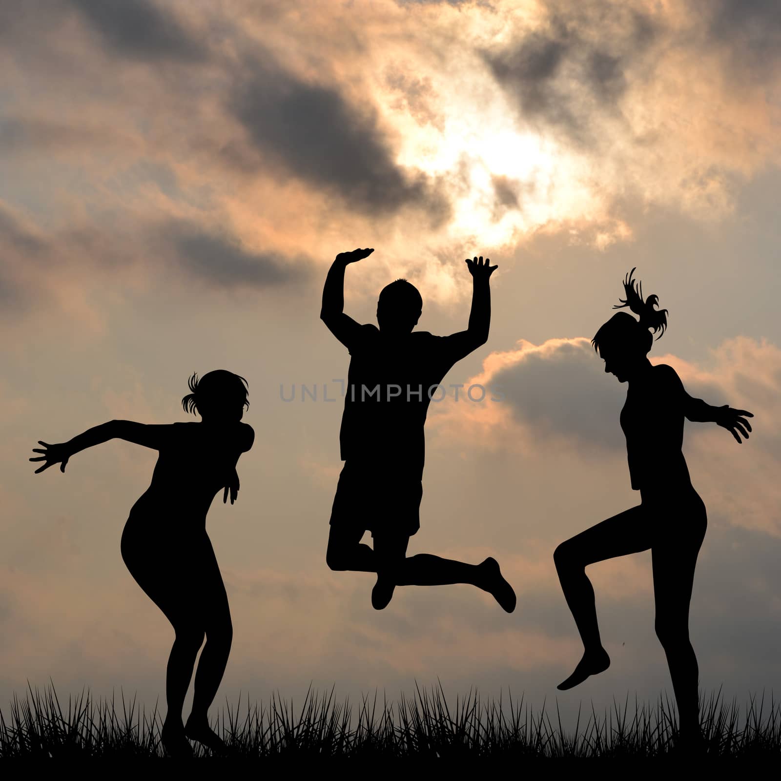 Silhouettes of friends jumping outdoor set 2
