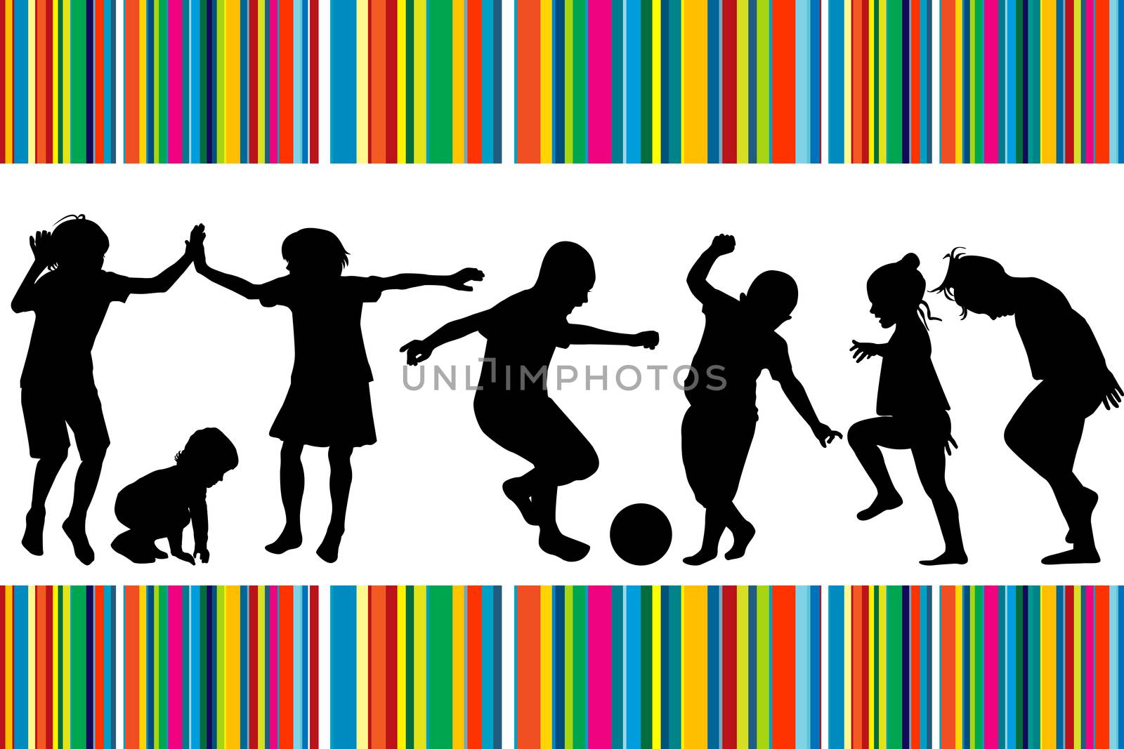 Card with silhouettes of children playing and colored stripes by hibrida13
