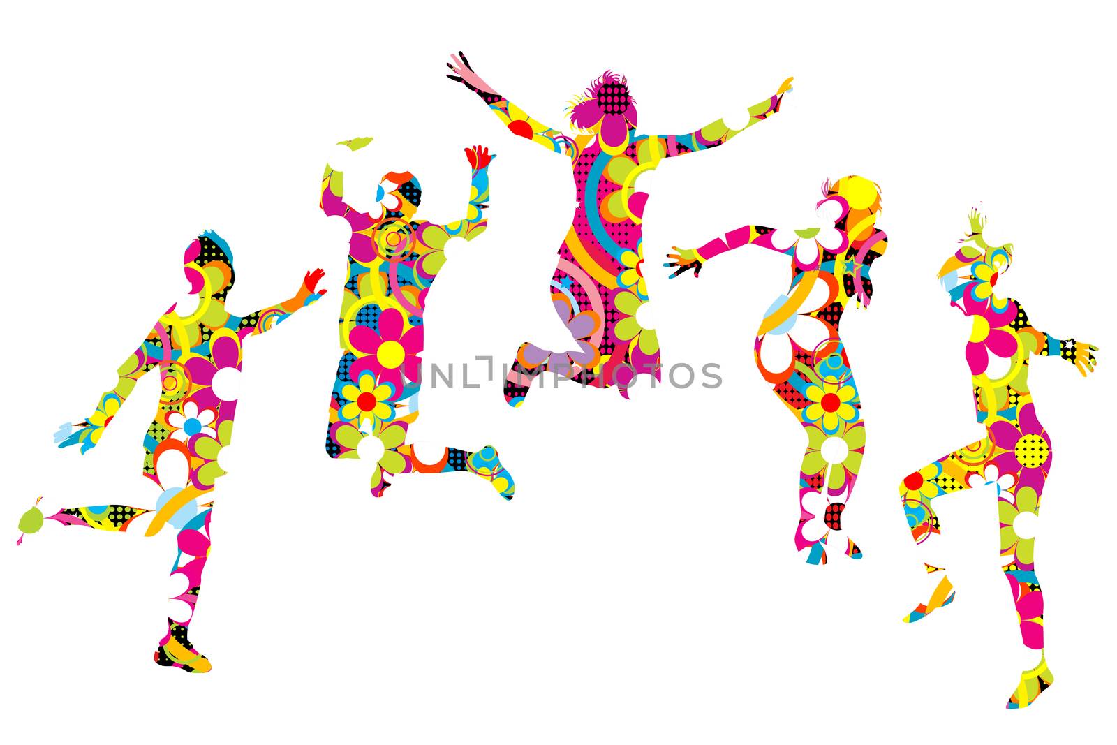 Floral patterned young people silhouettes jumping