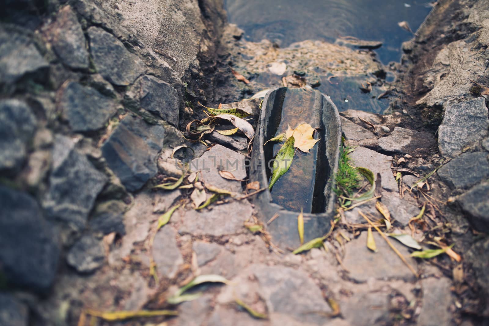 Running autumn water from metal tube in the stone trench to the lake. Picture full of fallen leaves by skrotov