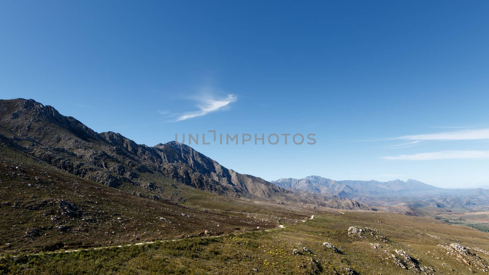 Overlooking the swartberg mountains with blue skies and green fields