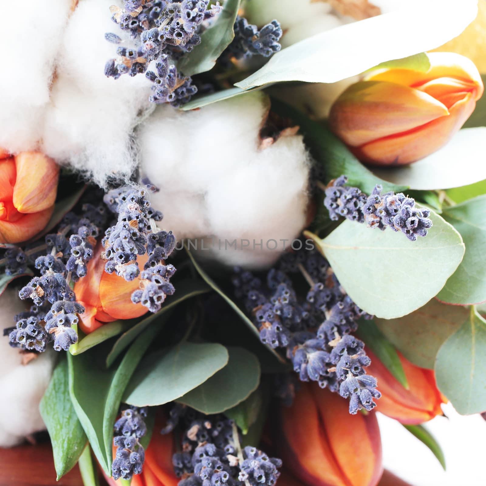 Bouquet of tulips, eucalyptus, lavender and cotton