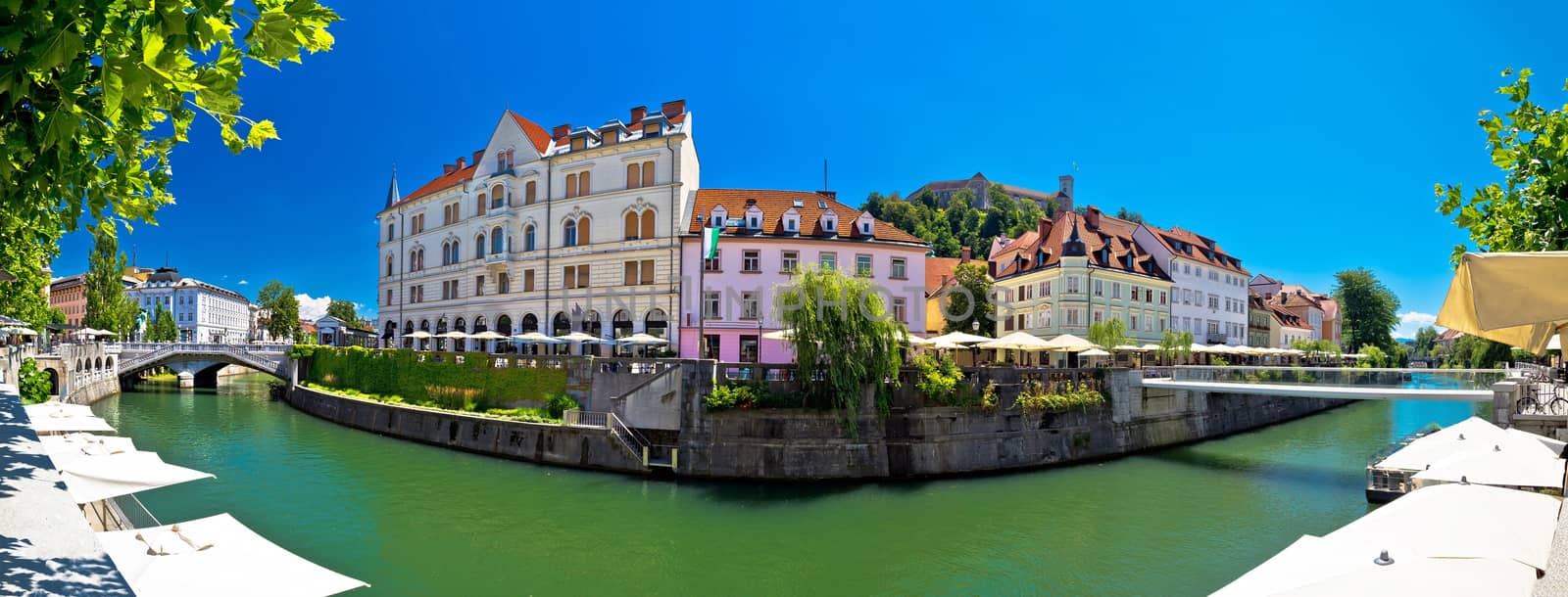 Ljubljana on green Ljubljanica river panorama, capital of Slovenia