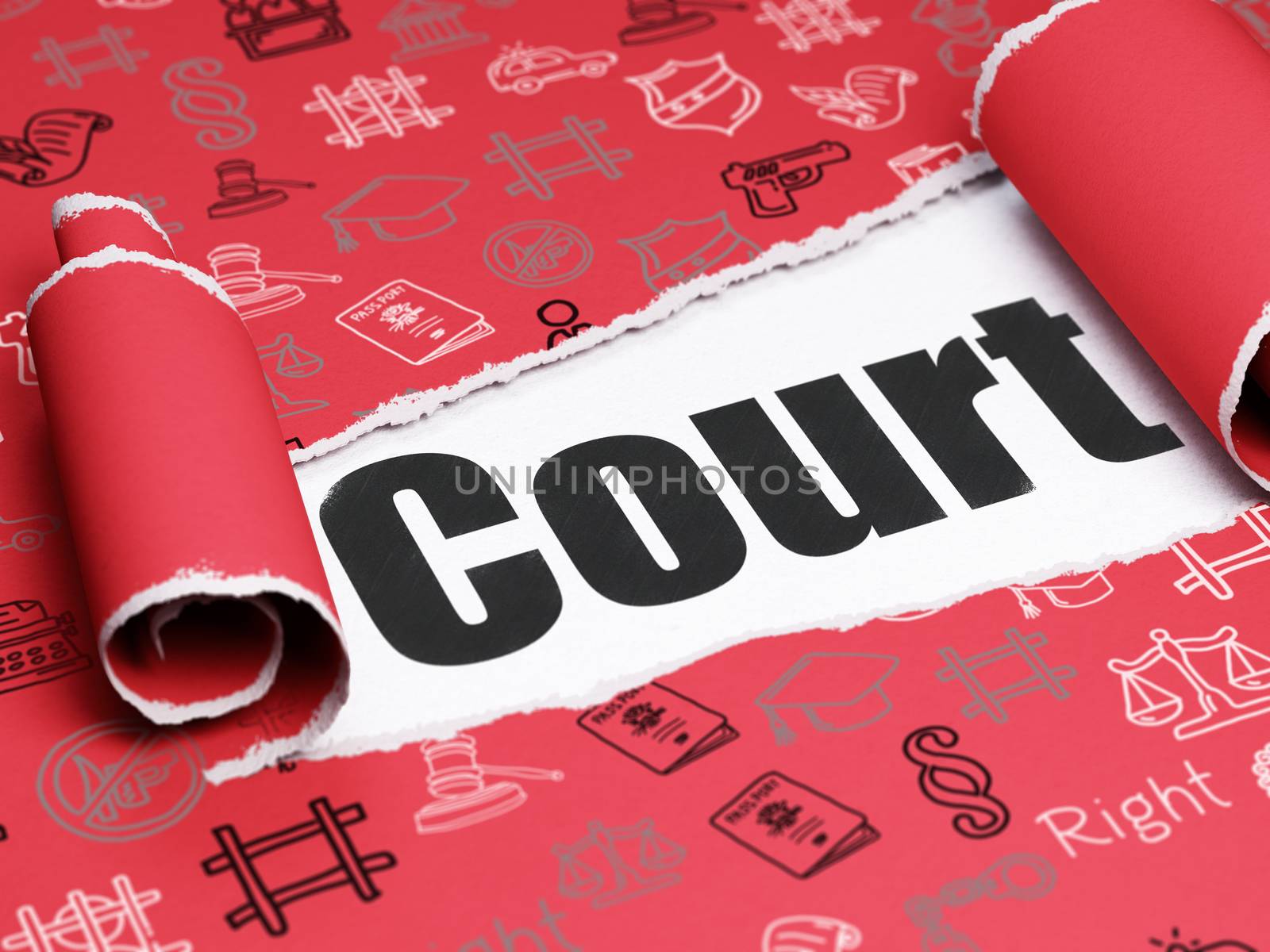 Law concept: black text Court under the curled piece of Red torn paper with  Hand Drawn Law Icons, 3D rendering