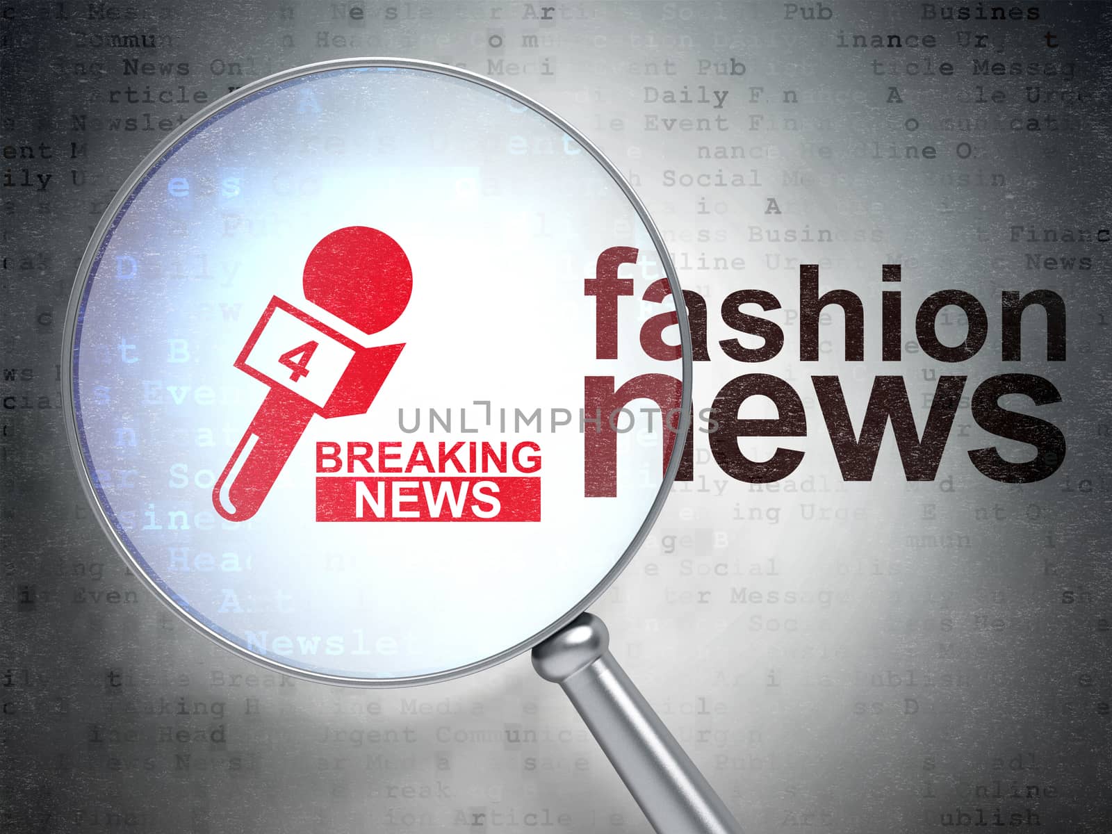 News concept: magnifying optical glass with Breaking News And Microphone icon and Fashion News word on digital background, 3D rendering