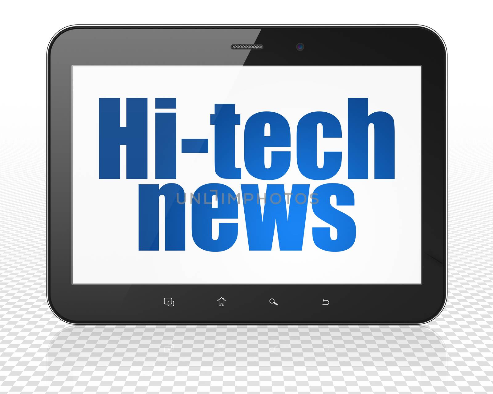News concept: Tablet Pc Computer with blue text Hi-tech News on display, 3D rendering