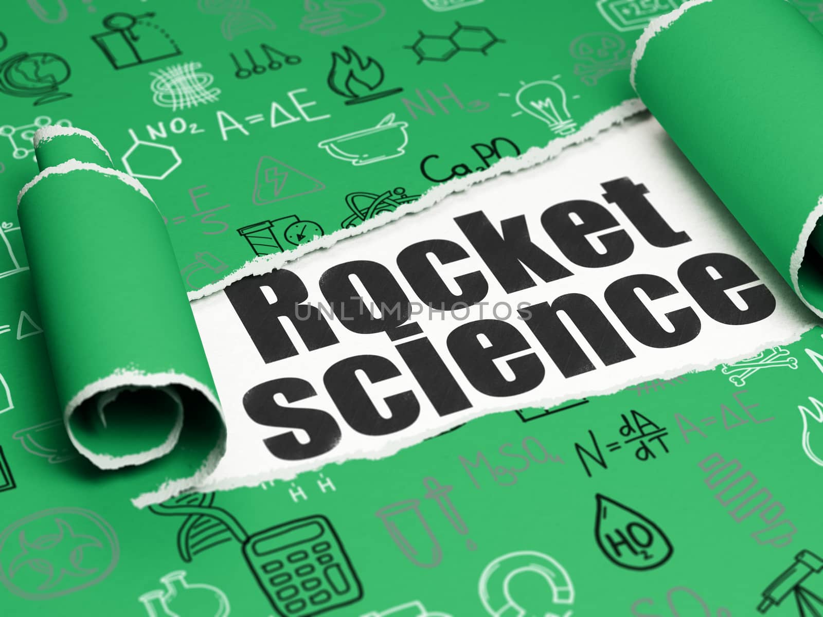 Science concept: black text Rocket Science under the curled piece of Green torn paper with  Hand Drawn Science Icons, 3D rendering