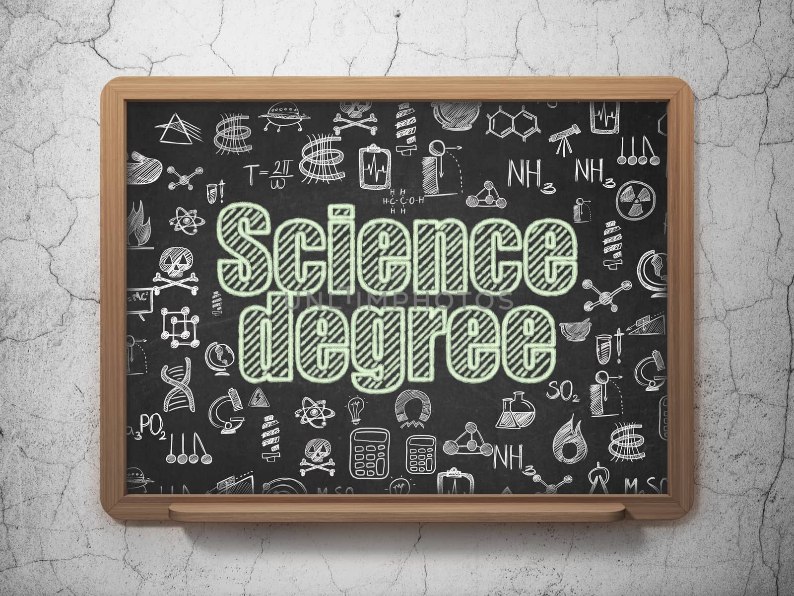 Science concept: Chalk Green text Science Degree on School board background with  Hand Drawn Science Icons, 3D Rendering