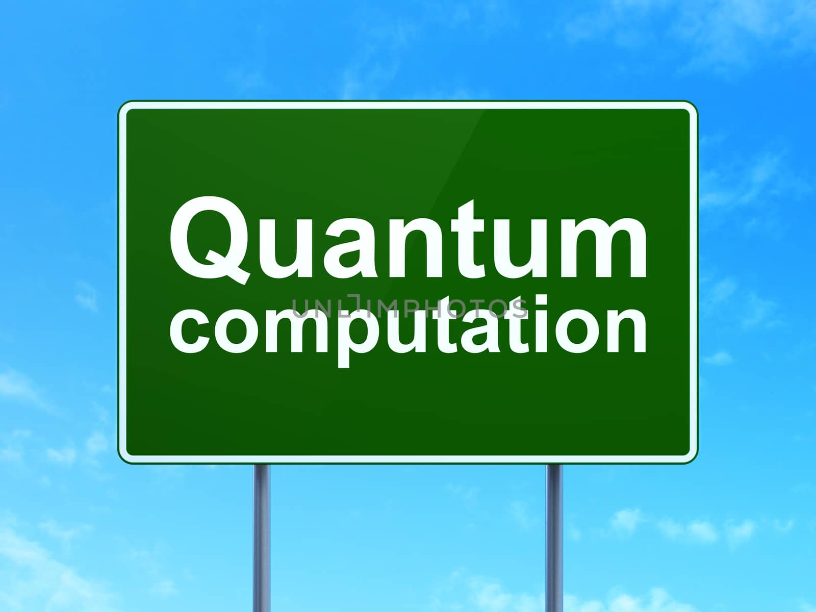 Science concept: Quantum Computation on green road highway sign, clear blue sky background, 3D rendering