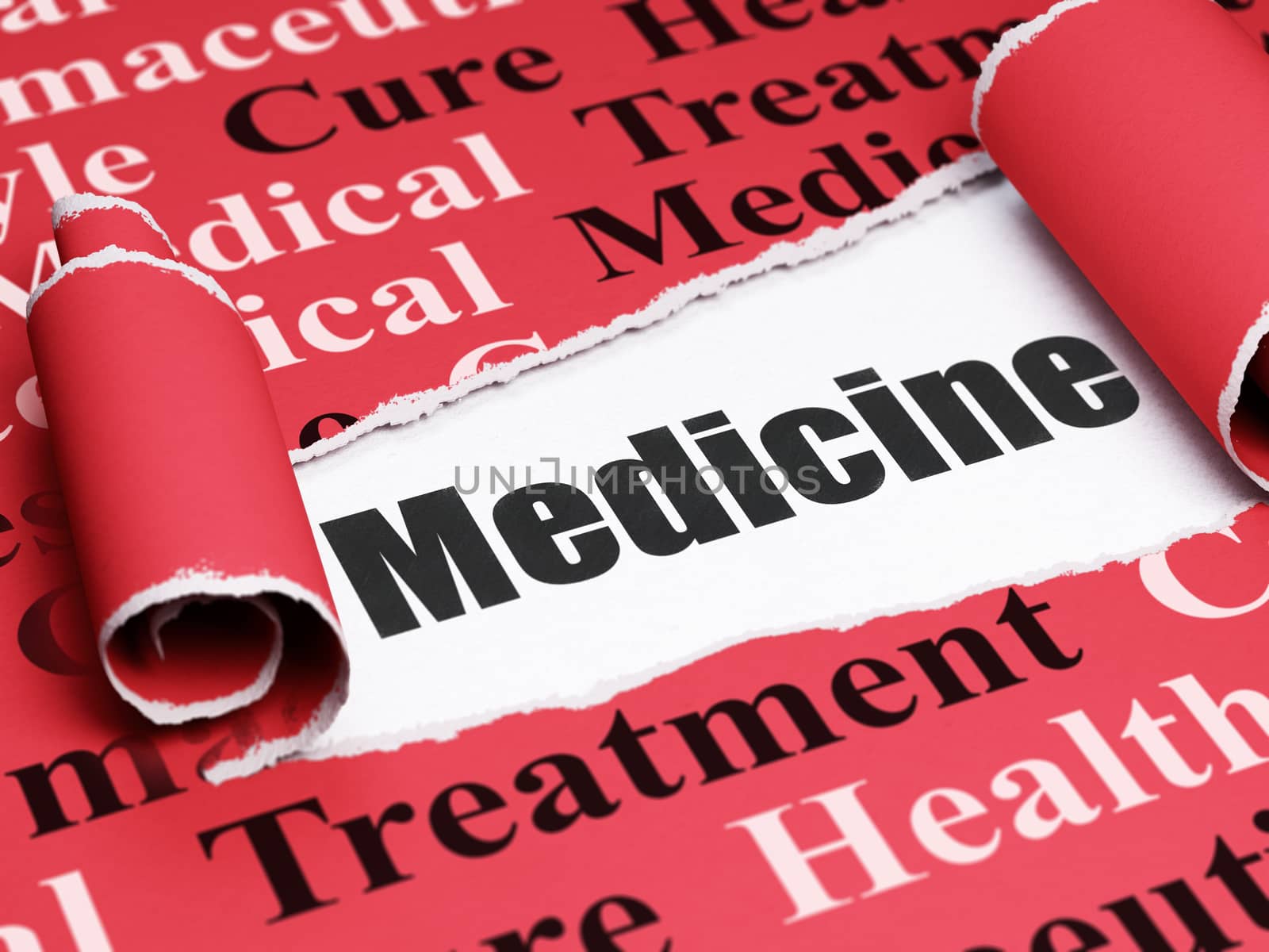 Medicine concept: black text Medicine under the curled piece of Red torn paper with  Tag Cloud, 3D rendering