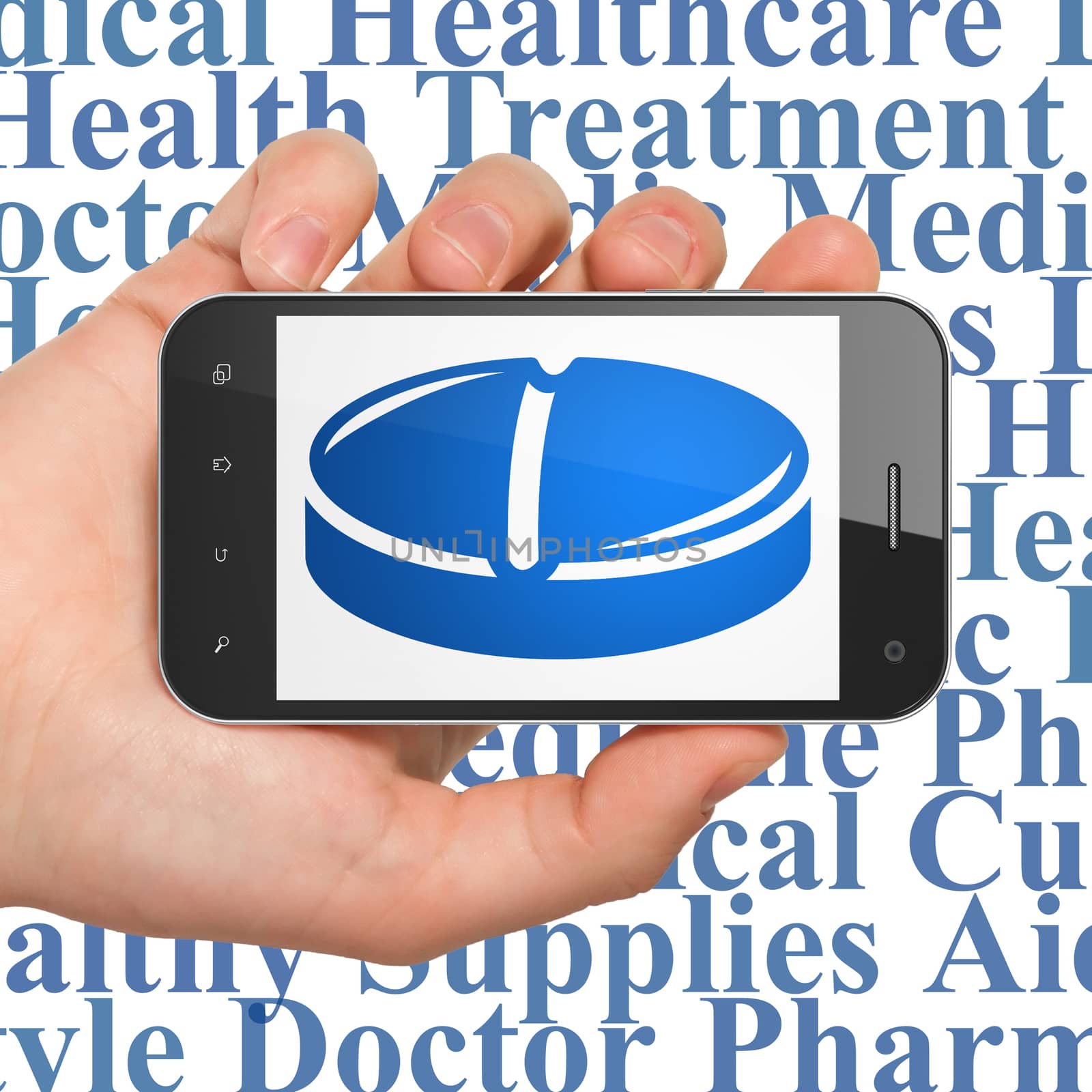 Health concept: Hand Holding Smartphone with  blue Pill icon on display,  Tag Cloud background, 3D rendering