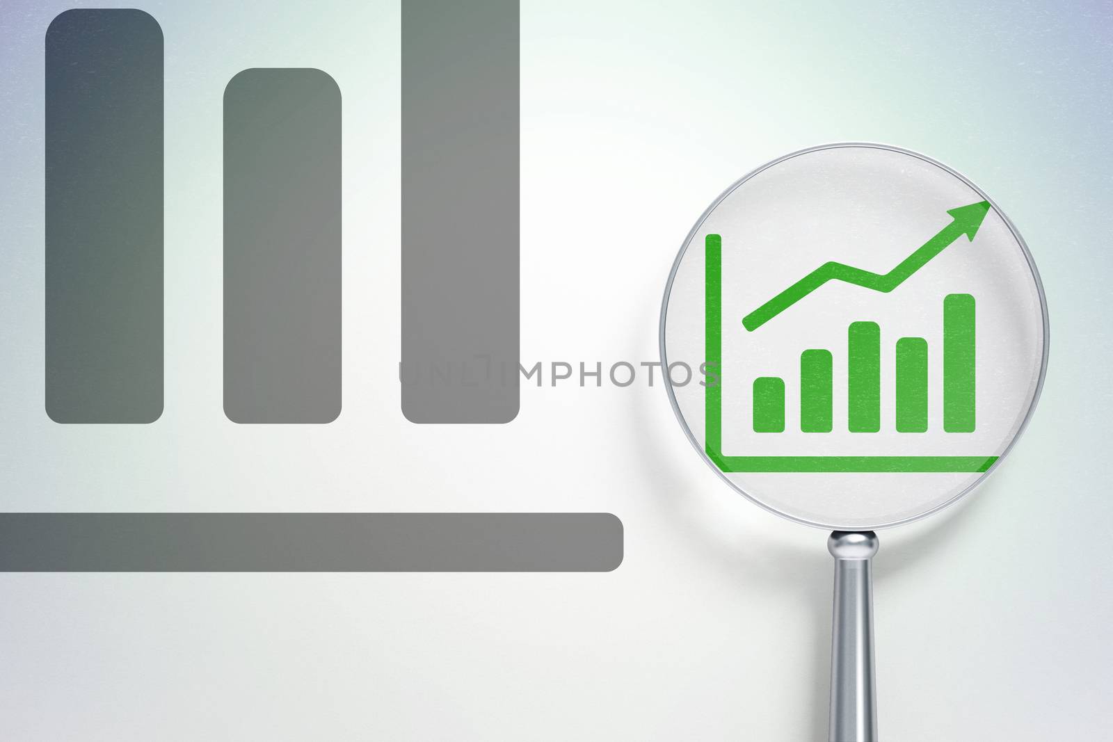Marketing concept: magnifying optical glass with Growth Graph icon on digital background, empty copyspace for card, text, advertising, 3D rendering