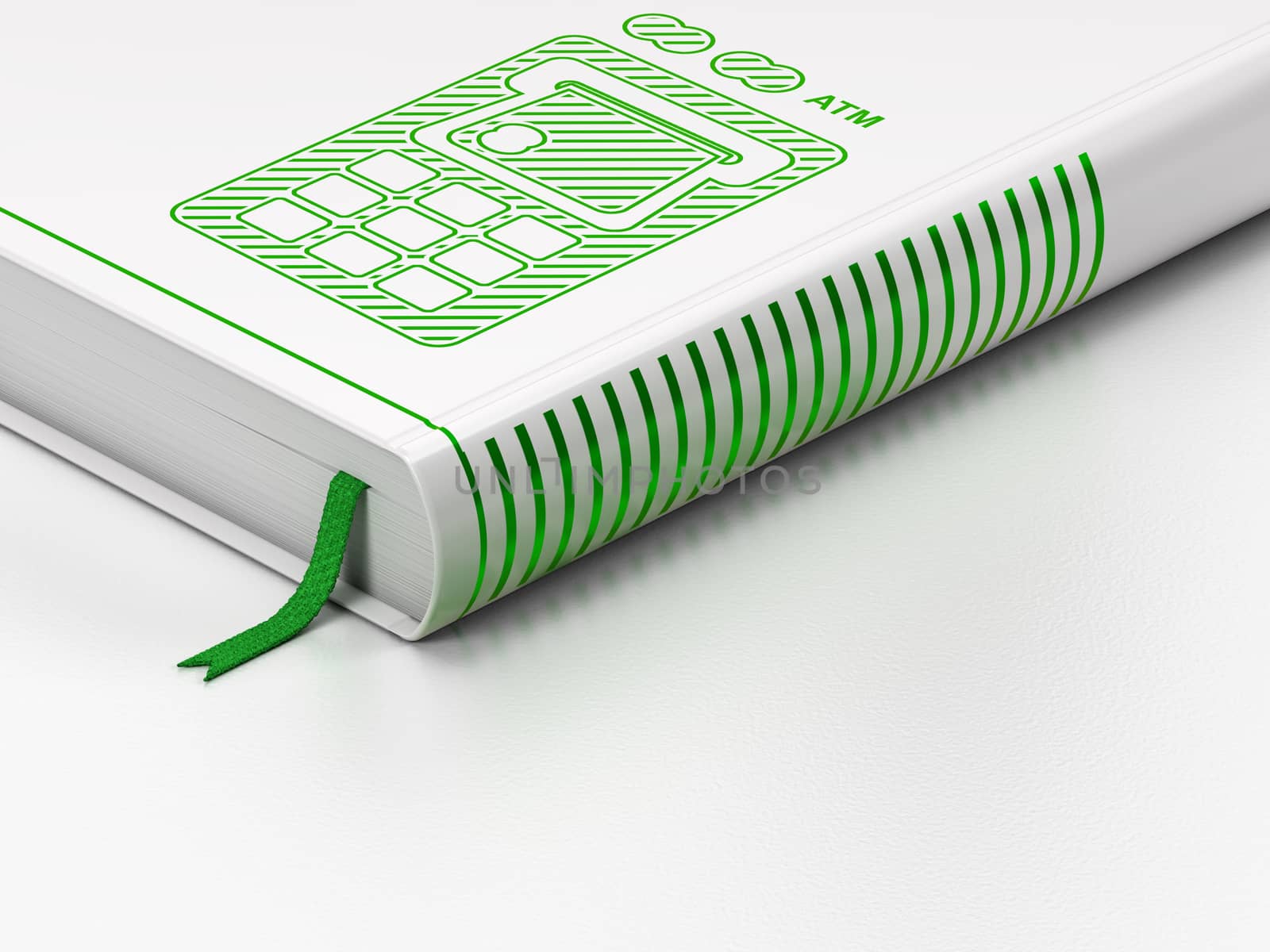 Currency concept: closed book with Green ATM Machine icon on floor, white background, 3D rendering