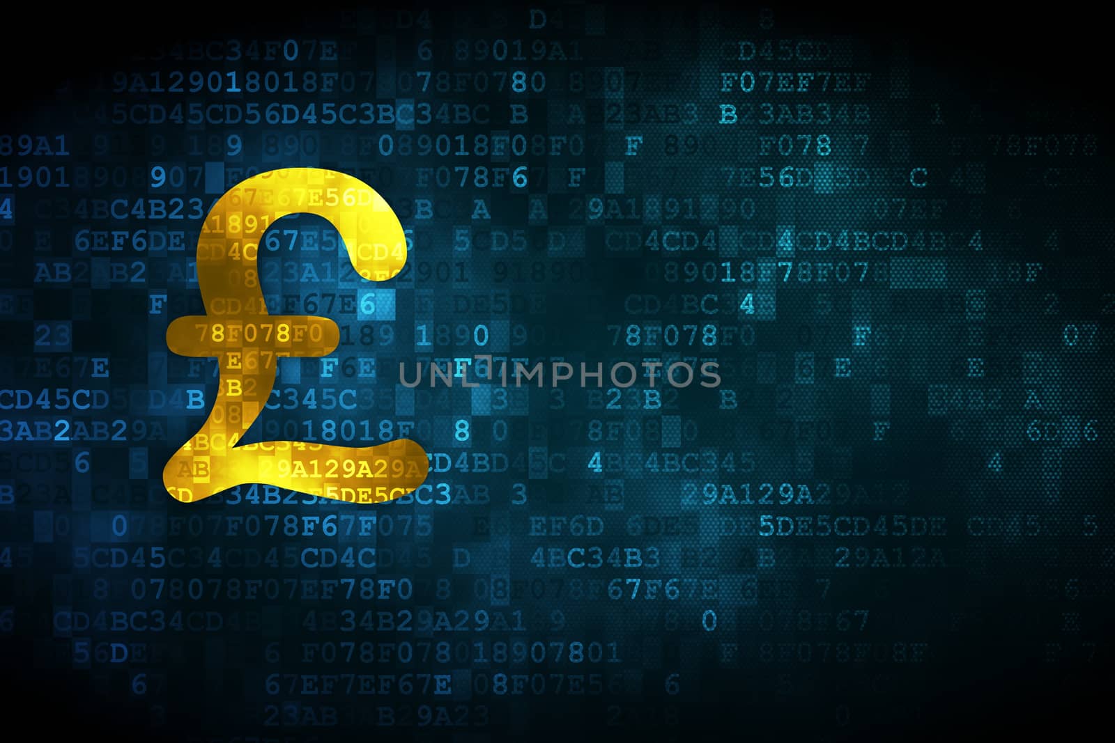 Currency concept: pixelated Pound icon on digital background, empty copyspace for card, text, advertising