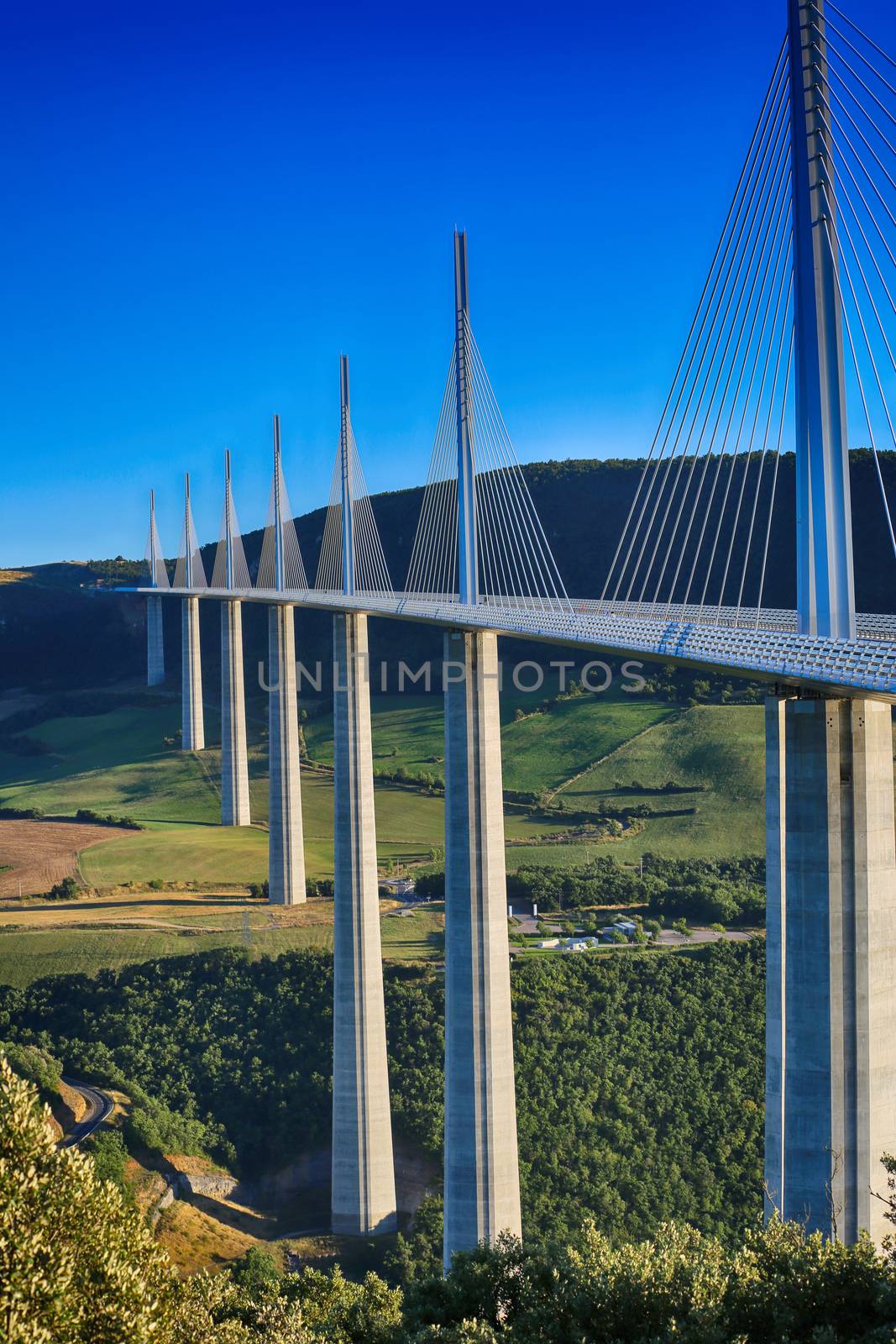 Millau, France - August 21, 2016: The Millau Viaduct Is The Tallest Bridge In The World with One Mast's Summit At 343 Metres Above The Base Of The Structure. Aveyron, Midi Pyrenees, France