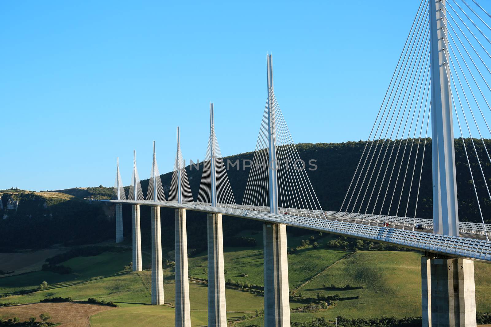 Millau, France - August 21, 2016: The Millau Viaduct Is The Tallest Bridge In The World with One Mast's Summit At 343 Metres Above The Base Of The Structure. Aveyron, Midi Pyrenees, France