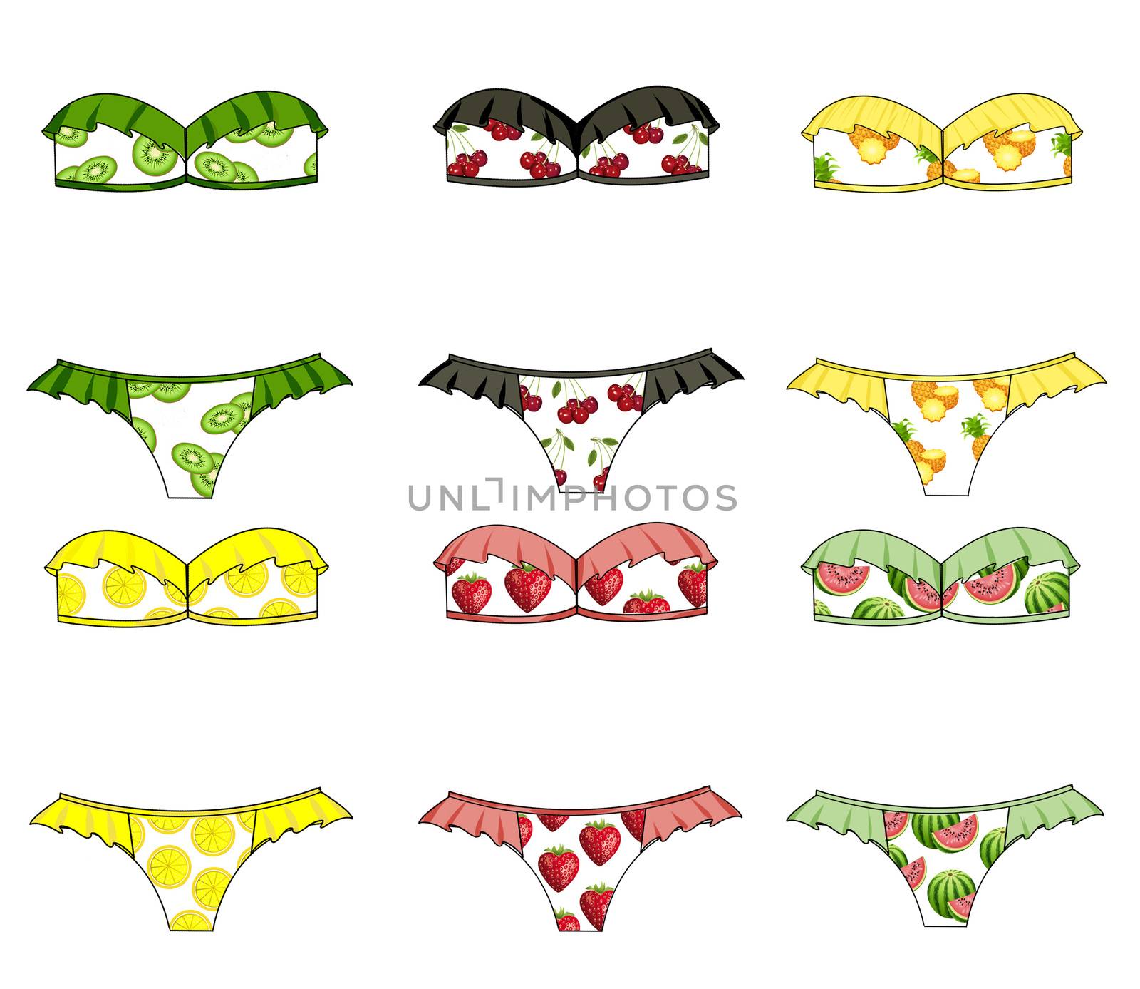 Fashion Illustration - Ruffle bandeau strapless bra bikini in fruit fabric print