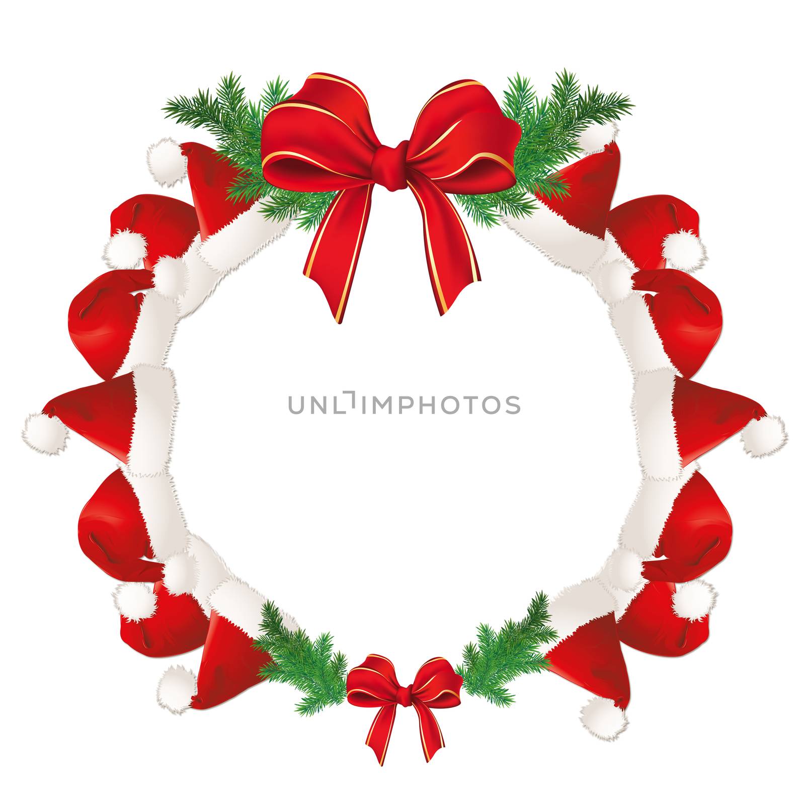 Illustration of cristhmas wreath with pine branch and Santa's hats