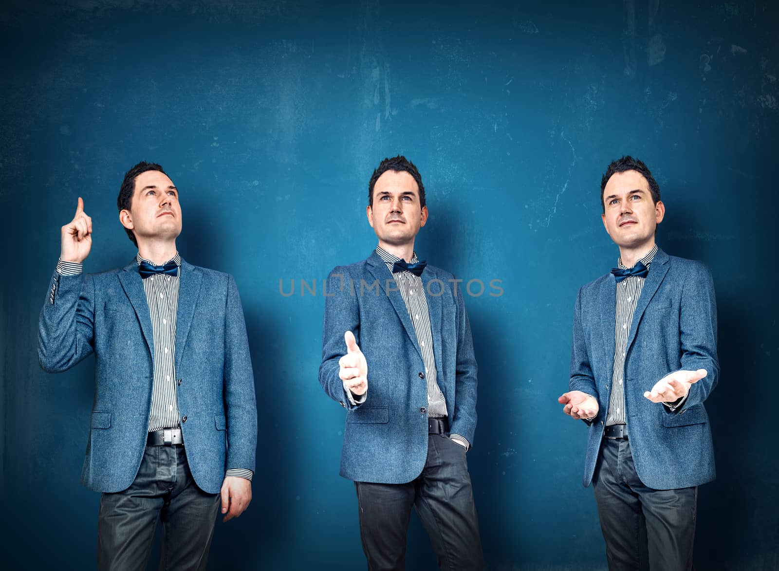 Businessmen in blue suit in various postures