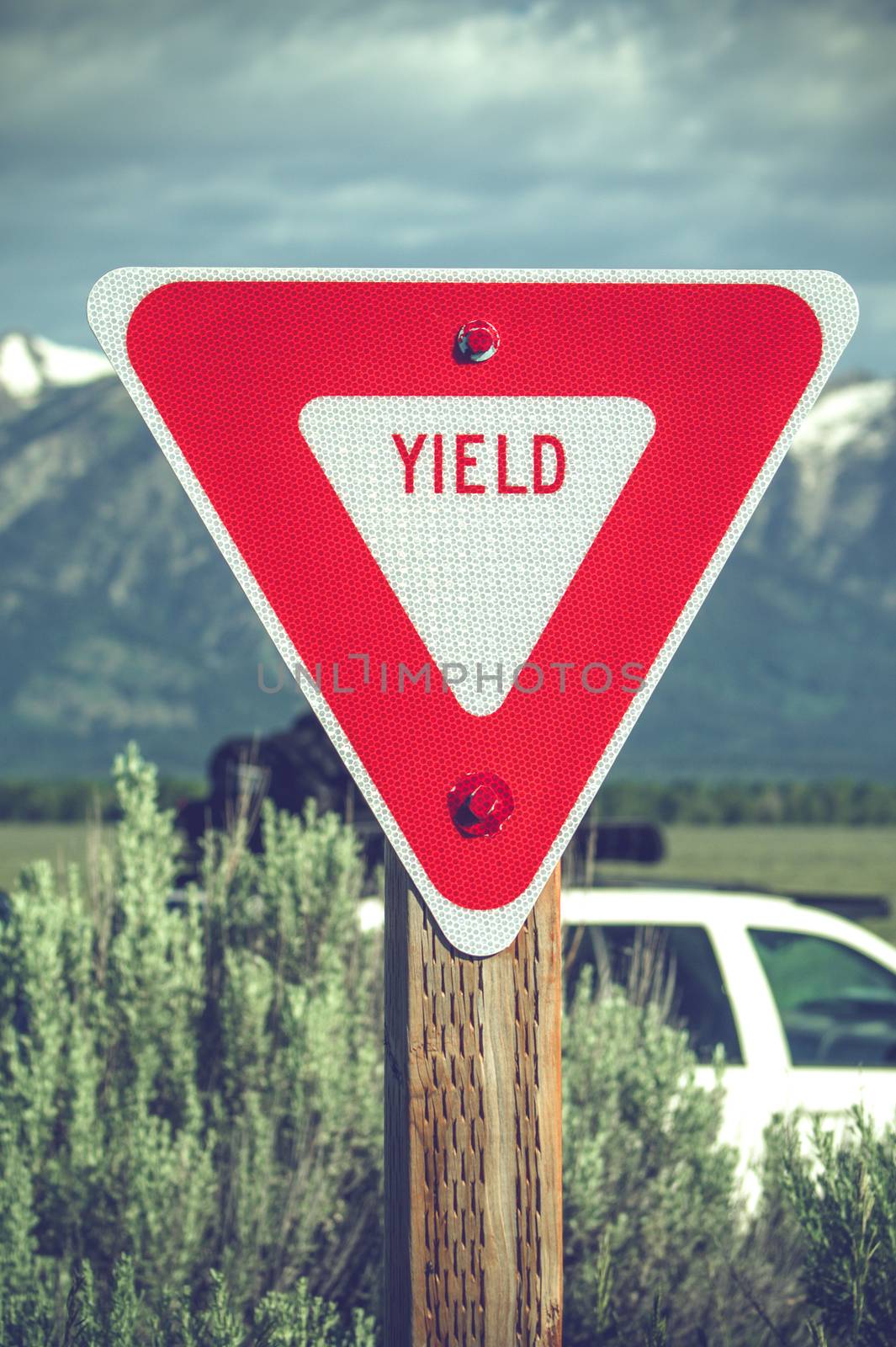 Large red yield sign in a countryside by Sportactive