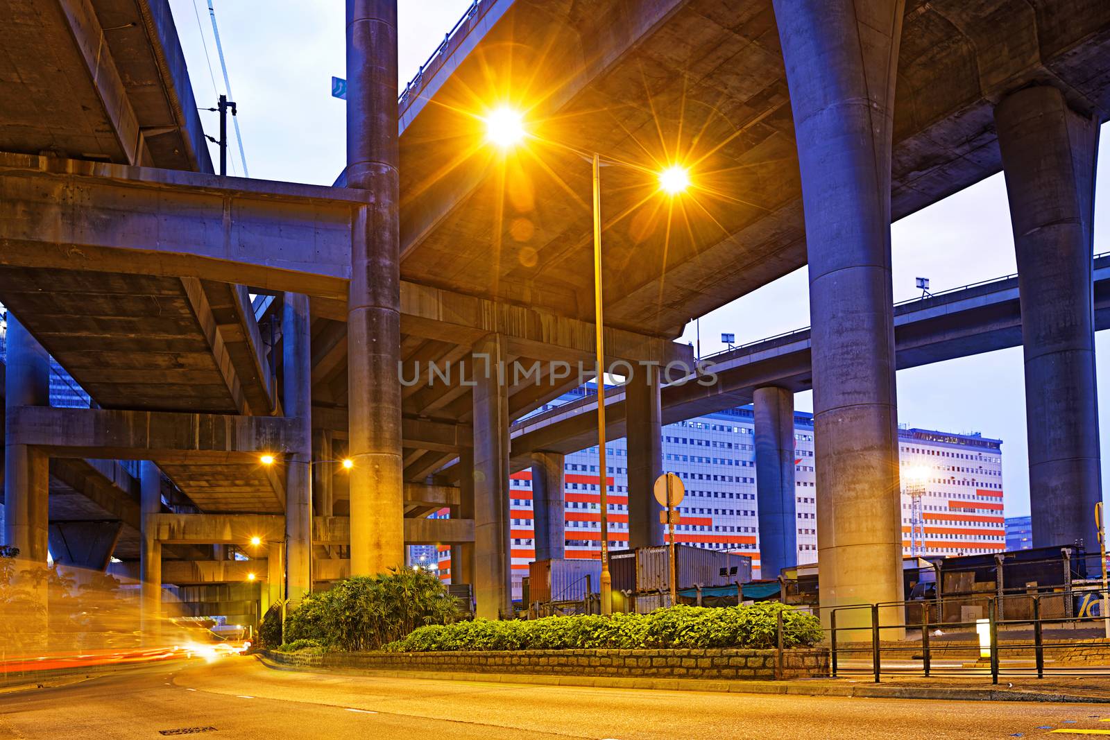 Night landscape , park under highway, Industrial ring, bridge in hong kong city