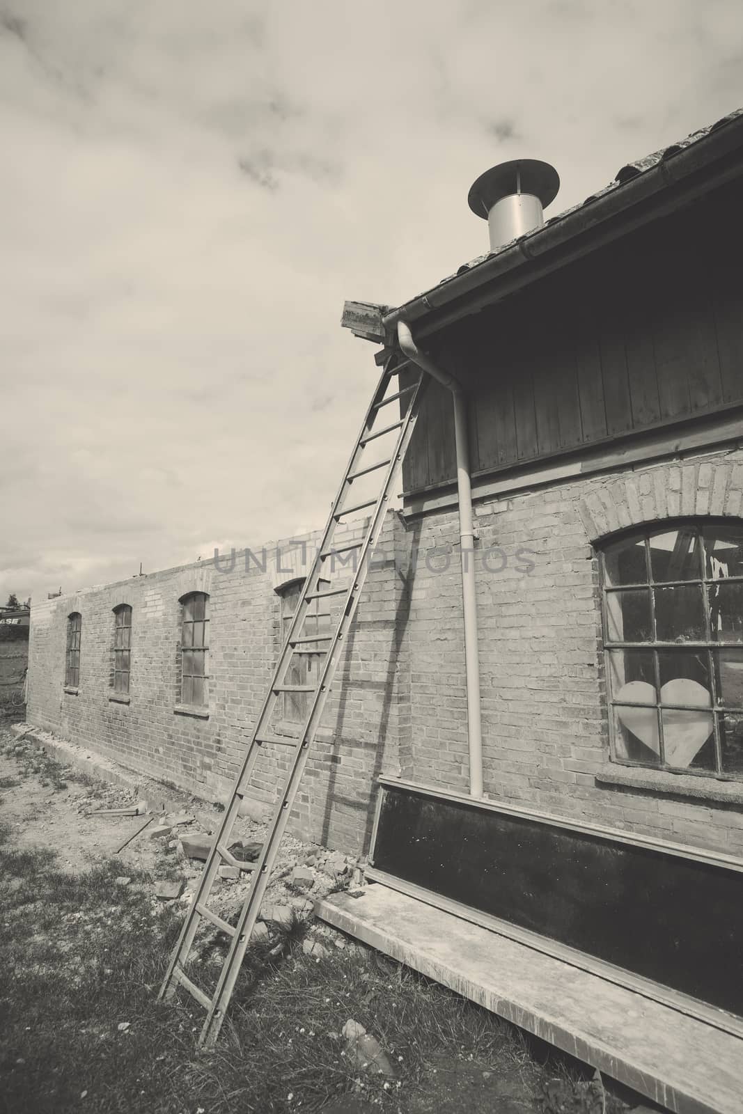 Ladder at an old weathered barn in black and white colors