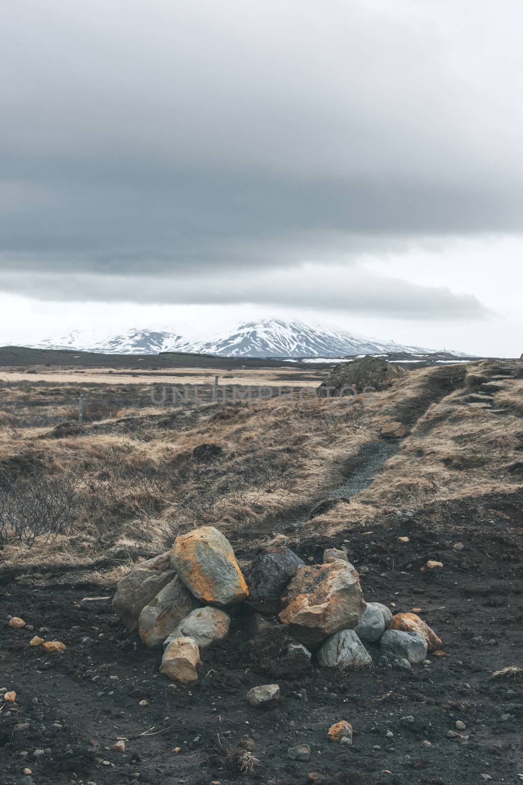 Cloudy weather over a rocky landscape in Iceland