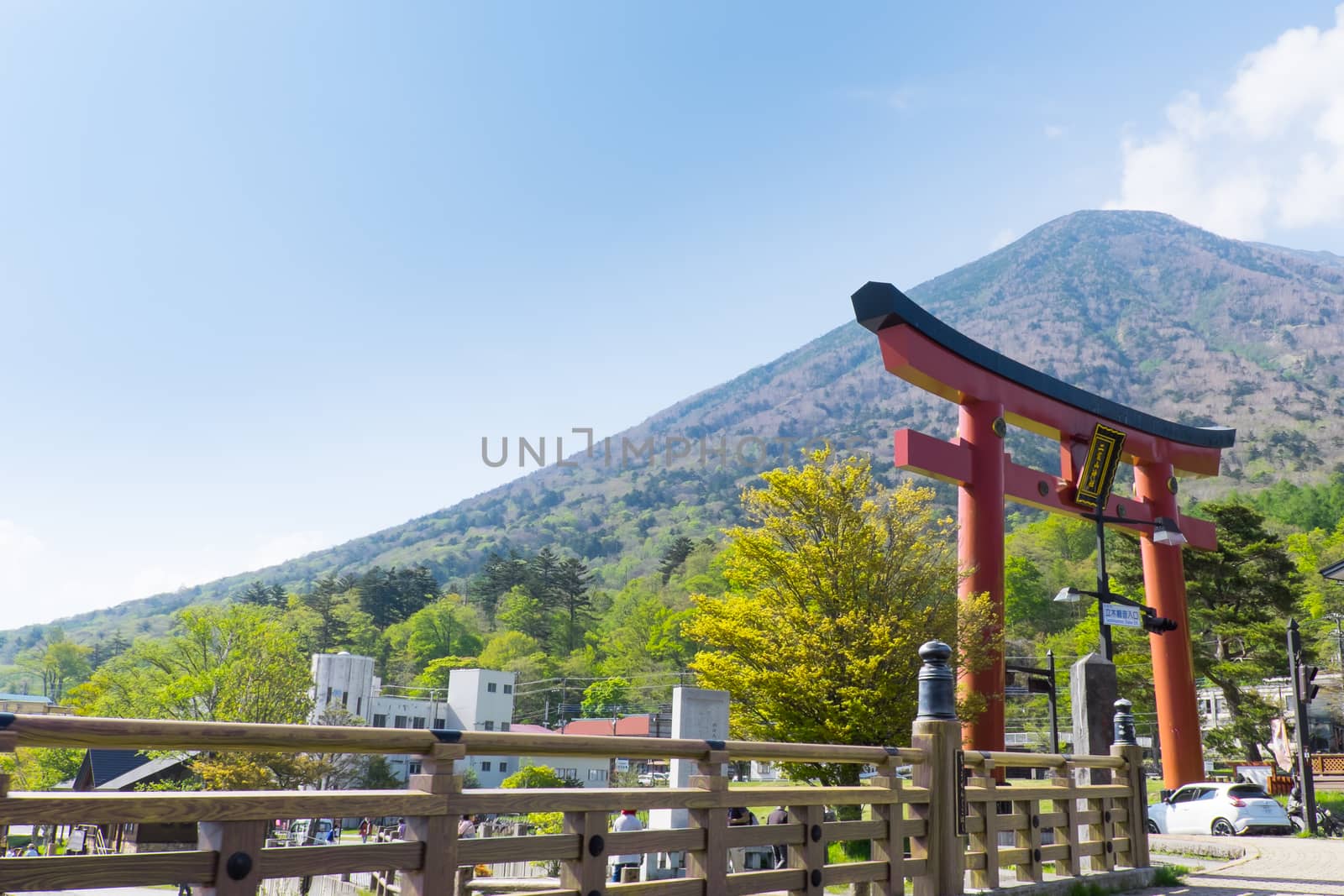 Torii gates and Mount Nantai on May 15,2016 at Okunikko,Japan